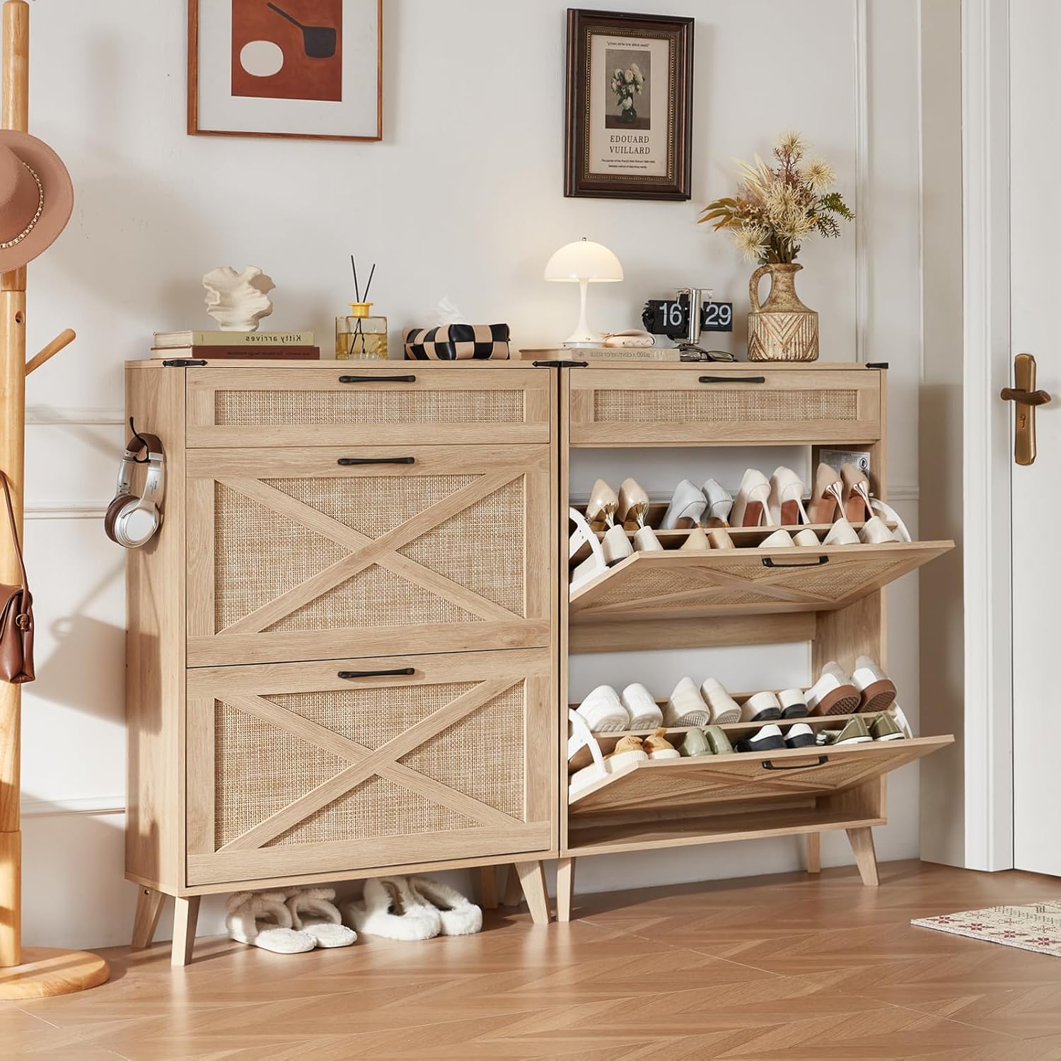 LEYAOYAO Shoe Storage Cabinet for Entryway with 2 Rattan Flip Drawers, Boho Narrow Shoe Cabinets for 16-20 Pairs Shoes with Large Drawers, Hidden Slim Shoe Rack with Wood Legs for Hallway, Natural Oak