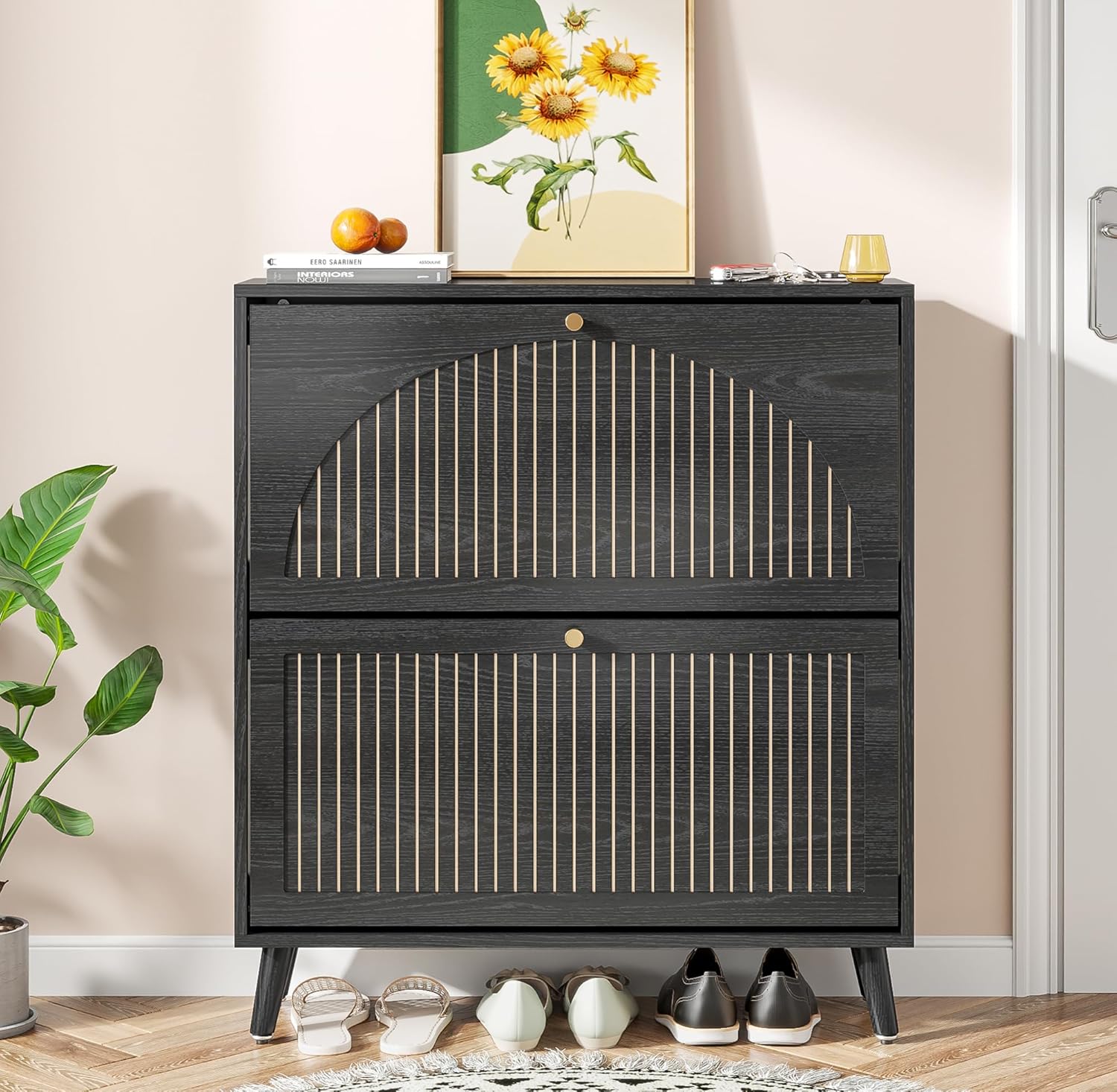 Shoe Storage Cabinet for Entryway with 2 Flip Drawers, Narrow Wood Shoe Cabinet with Fluted Panel, Freestanding Hidden Shoe Organizer for Foyer, Hallway (Wood Color - No Shelf)