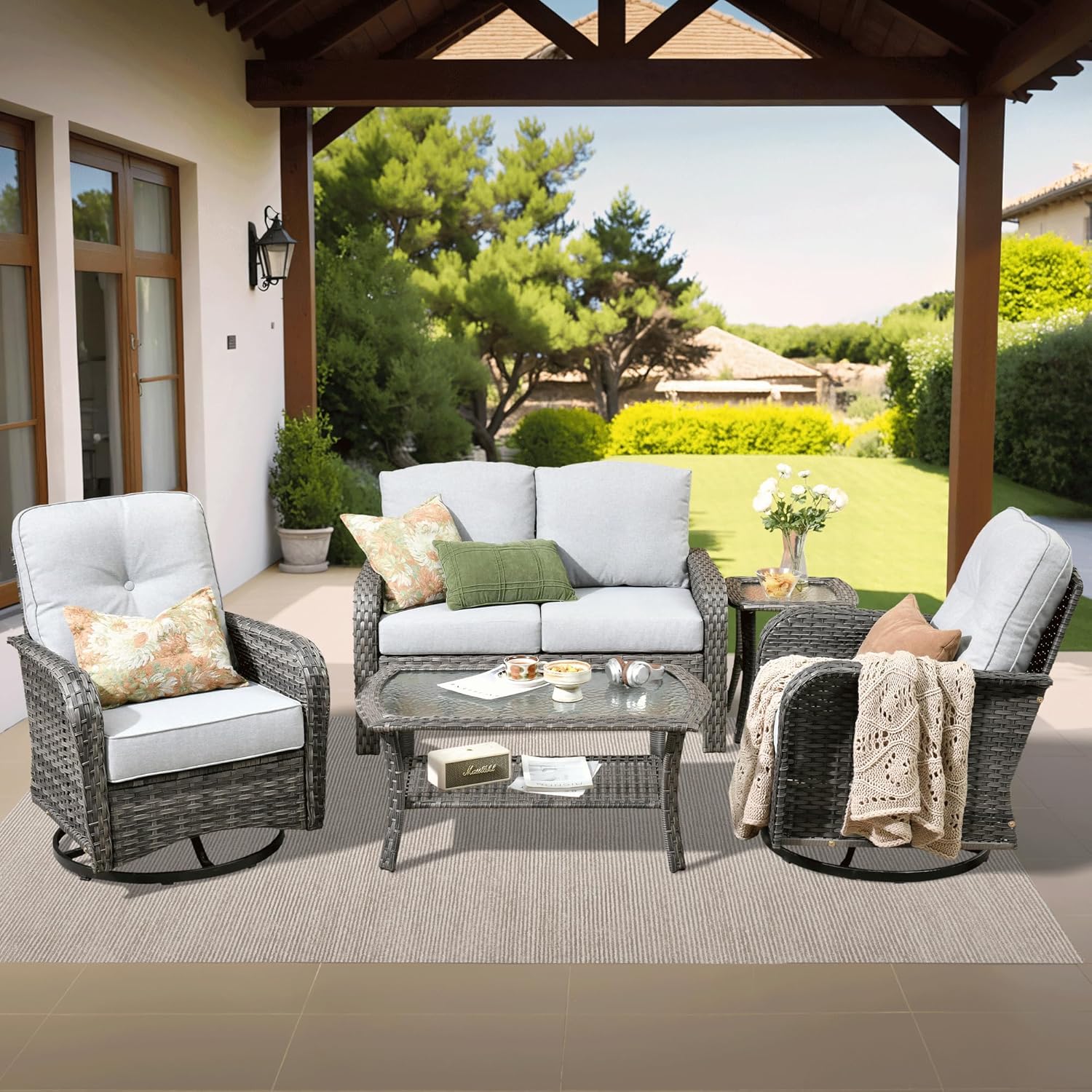 ovios 4 Pieces Patio Furniture Set, Outdoor Wicker Sofa with Coffee Table, Chairs, All Weather High Back Rattan Loveseat Couch with Comfy Cushions, Beige