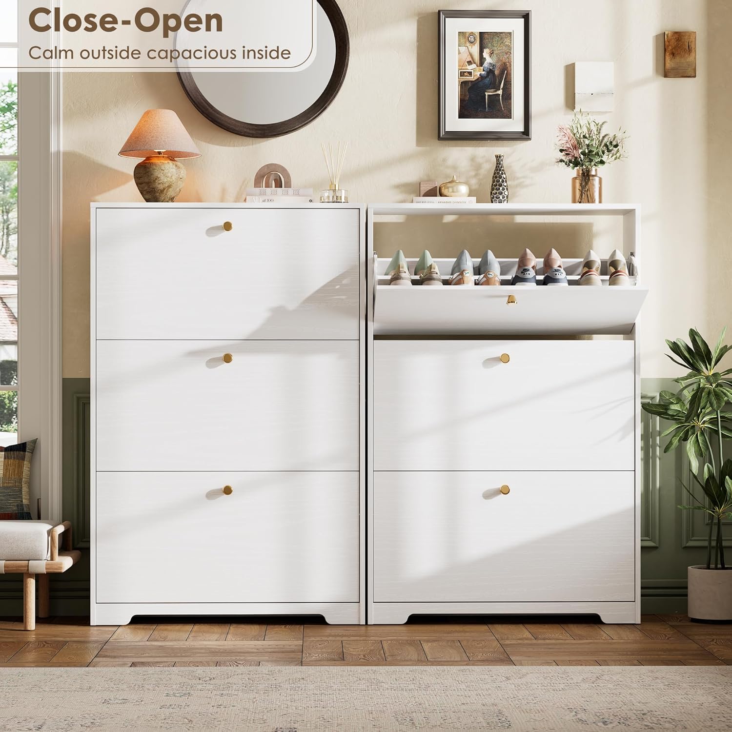 Nicetree Shoe Cabinet with 3 Flip Drawers, Narrow Shoe Organizer Cabinet, Freestanding Shoe Rack Cabinet, Morden Shoe Storage Cabinet for Entryway, Hallway, Foryer, White