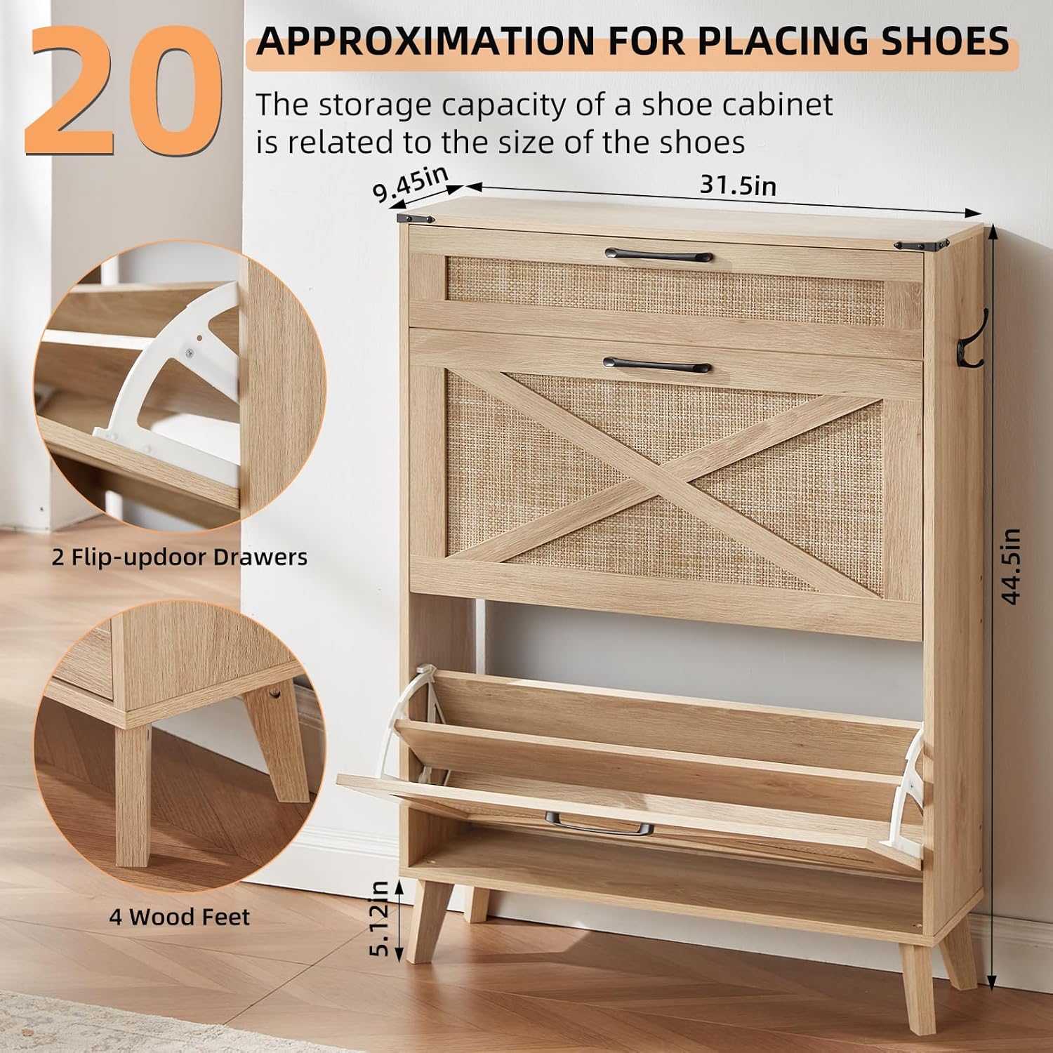 LEYAOYAO Shoe Storage Cabinet for Entryway with 2 Rattan Flip Drawers, Boho Narrow Shoe Cabinets for 16-20 Pairs Shoes with Large Drawers, Hidden Slim Shoe Rack with Wood Legs for Hallway, Natural Oak