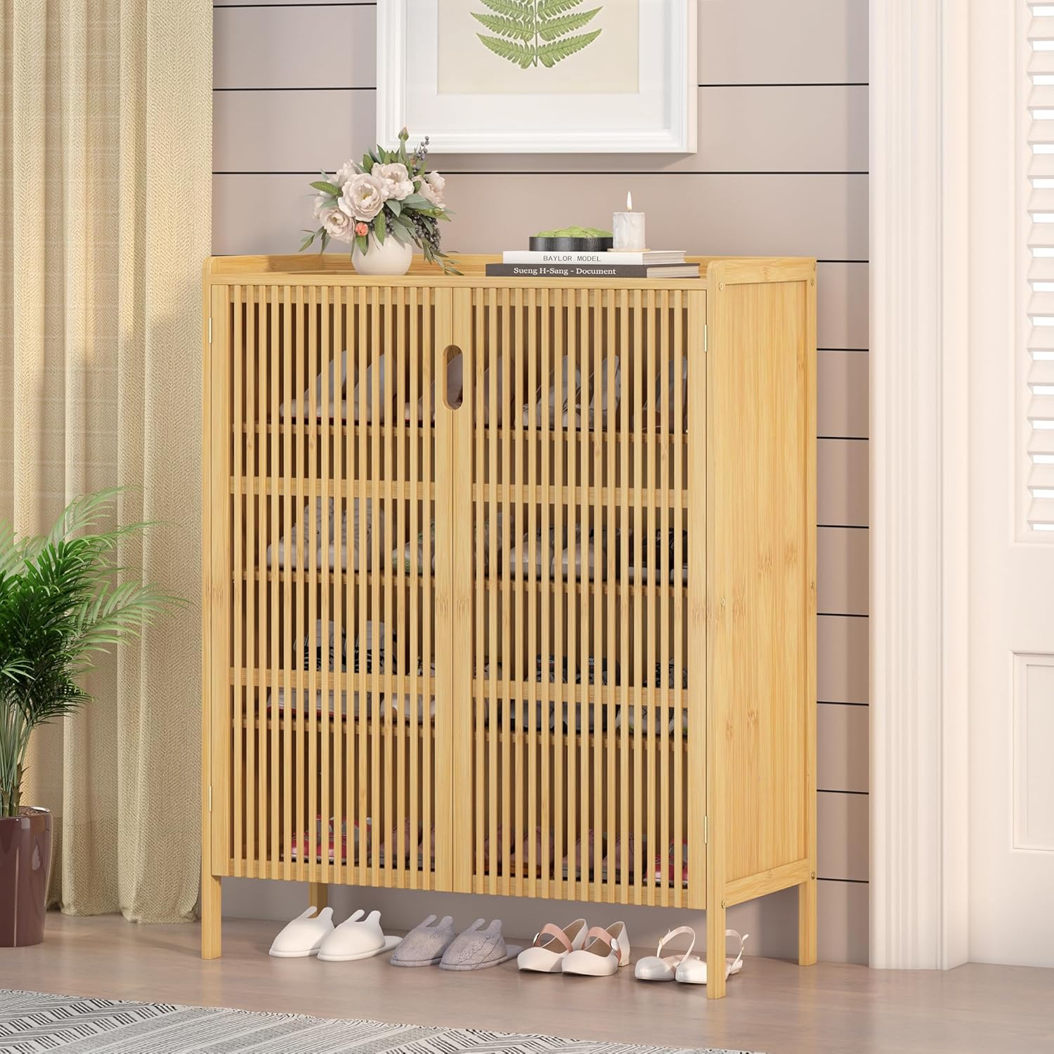 Shoe Cabinet with Doors Bamboo 5 Tiers Shoe Storage Cabinet for Entryway, 25 Pairs Wooden Shoe Cabinets, Modern Shoe Organizer Storage for Living Room, Bedroom, Hallway, Closet Nature
