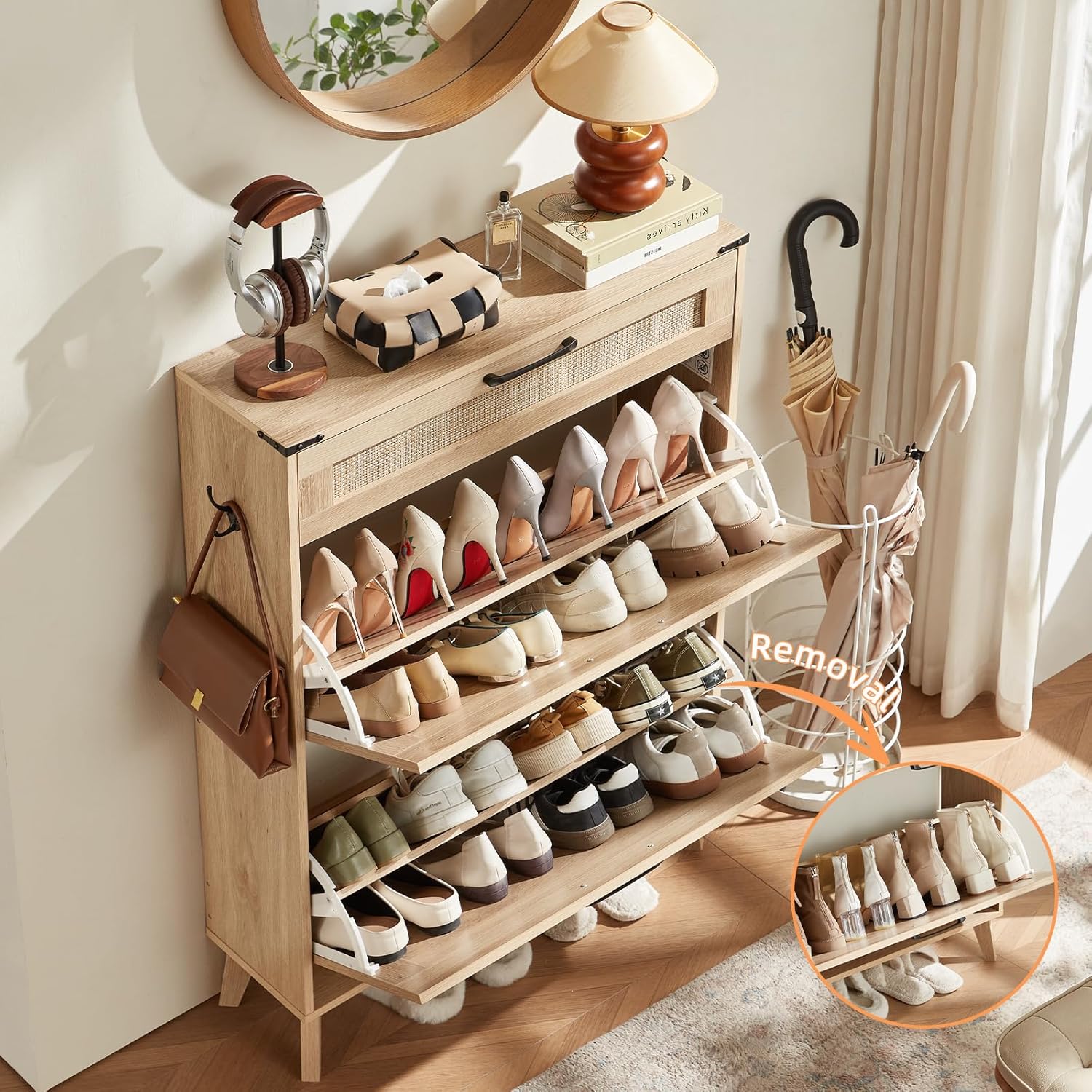 LEYAOYAO Shoe Storage Cabinet for Entryway with 2 Rattan Flip Drawers, Boho Narrow Shoe Cabinets for 16-20 Pairs Shoes with Large Drawers, Hidden Slim Shoe Rack with Wood Legs for Hallway, Natural Oak