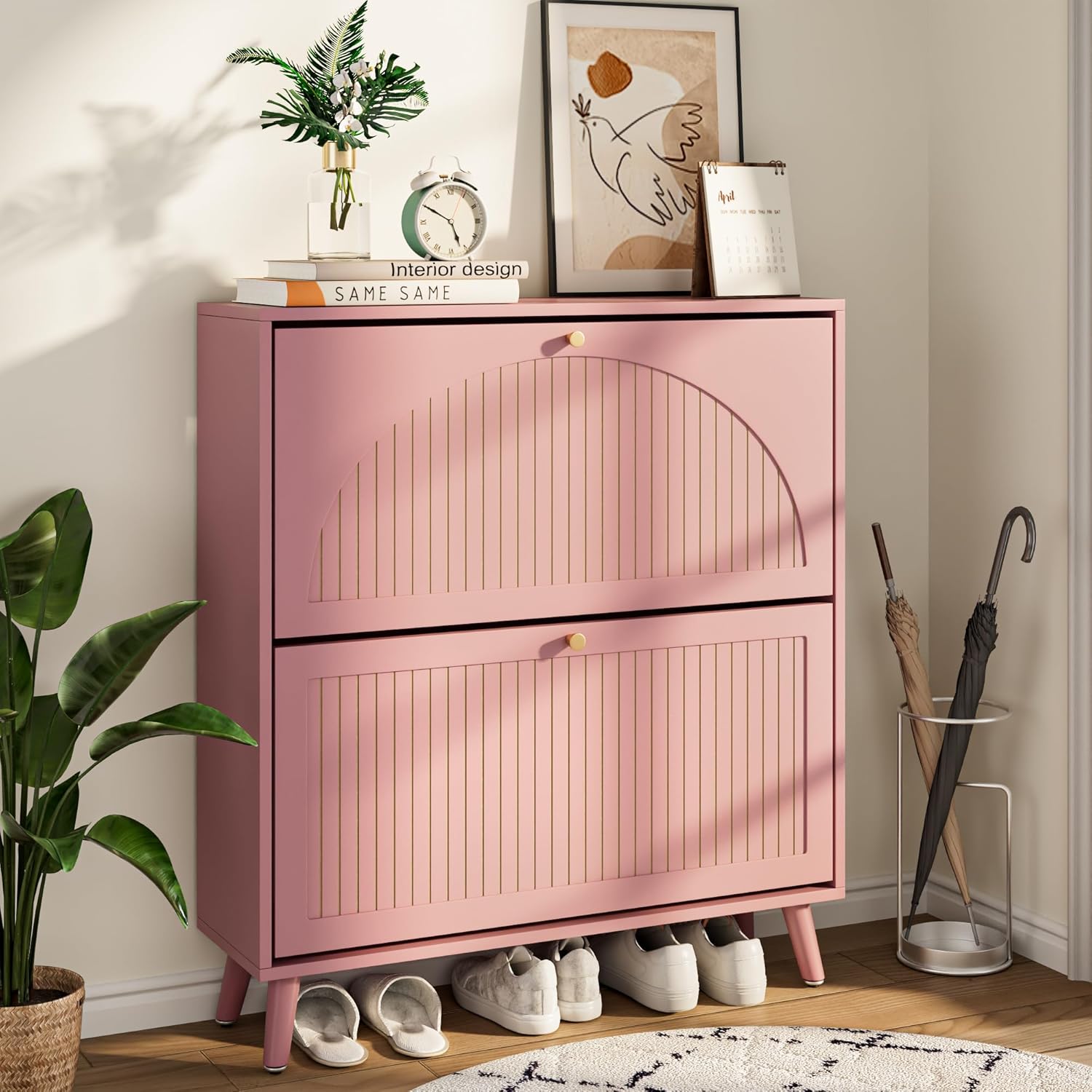 Shoe Storage Cabinet for Entryway with 2 Flip Drawers, Narrow Wood Shoe Cabinet with Fluted Panel, Freestanding Hidden Shoe Organizer for Foyer, Hallway (Wood Color - No Shelf)