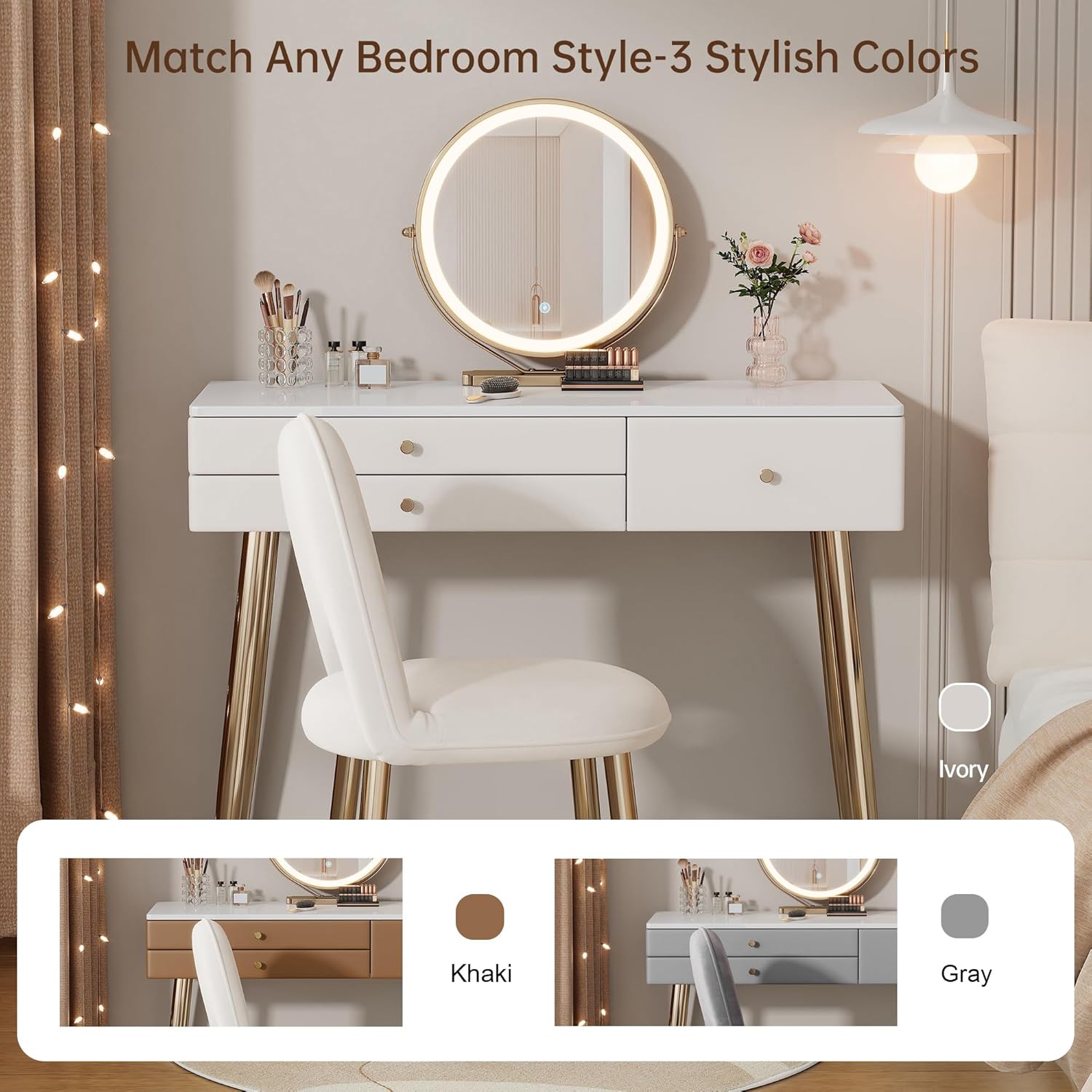 Vanity Desk with Mirror and Lights| 39" Beige Modern Makeup Vanity Set with Drawers & Adjustable Chair| White and Gold Dressing Table for Small Spaces & Bedroom