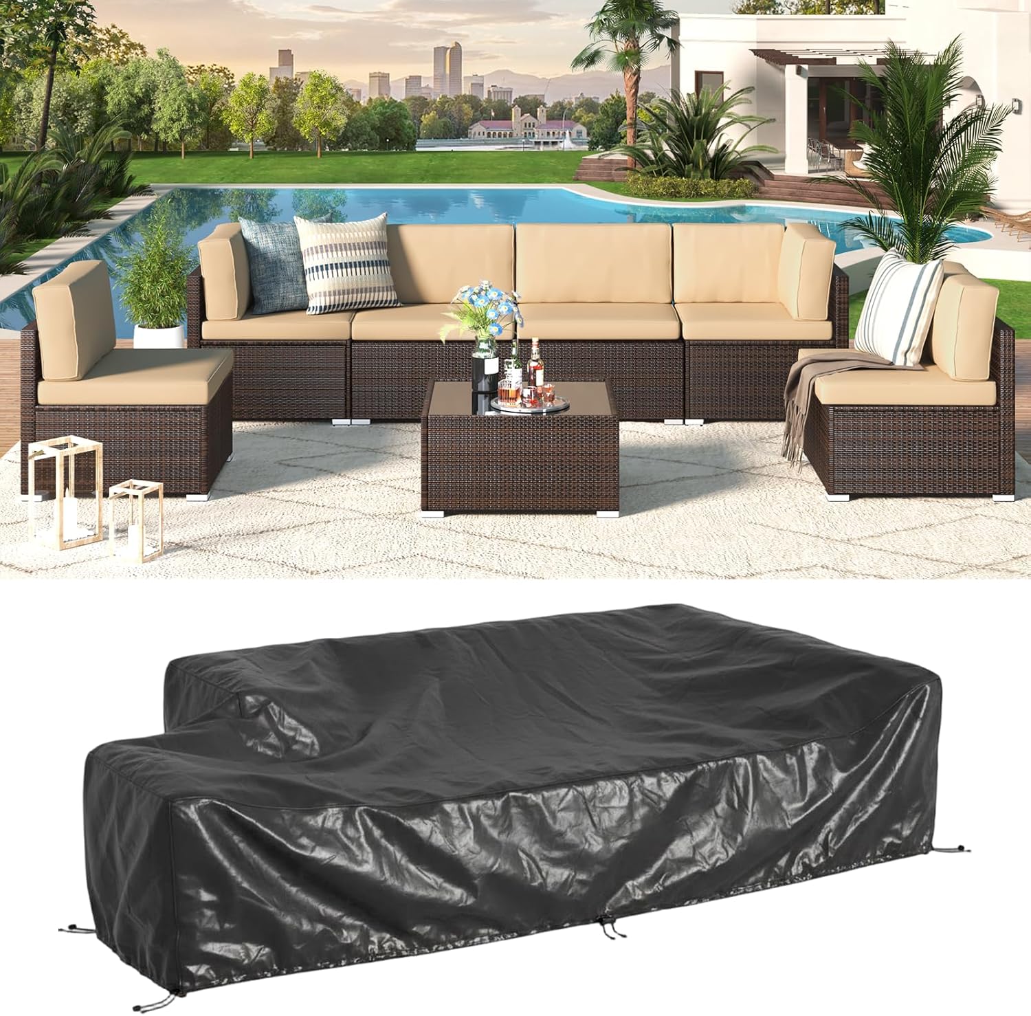 U-MAX 7 Piece Outdoor Patio Furniture Set, PE Rattan Wicker Sofa Set, Outdoor Sectional Furniture Chair Set with Navy Cushions and Tea Table, Black Rattan