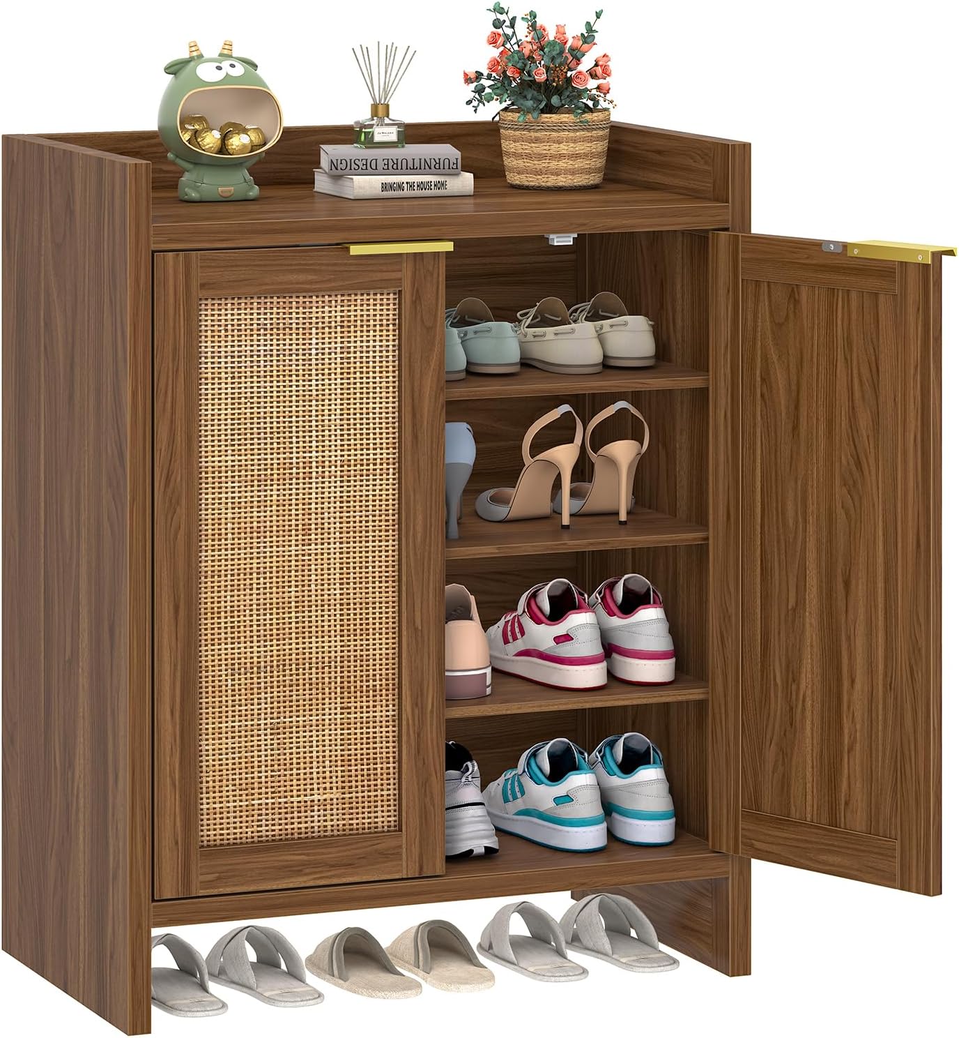 Shoe Storage Cabinet for Entryway, 4-Tier Rattan Shoe Cabinet with Doors & Adjustable Shelves, Boho Narrow Shoe Rack for Entryway Hallway Closet