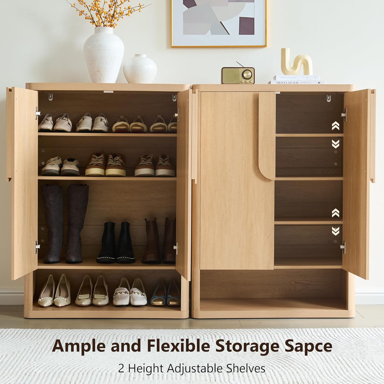 Shoe Cabinet 44" Tall Large Shoe Storage Organizer Modern Shoe Rack with Doors & 4 Shelves Minimalist Freestanding 5-Tier Shoe Storage Cabinet for Entryway Hallway Living Room, Natural, 1PC