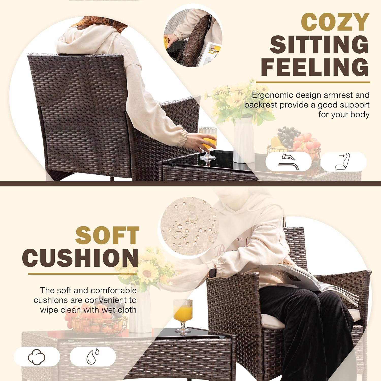 Homall 4 Pieces Outdoor Patio Furniture Sets Rattan Chair Wicker Set,Outdoor Indoor Use Backyard Porch Garden Poolside Balcony Furniture (Brown and Beige)