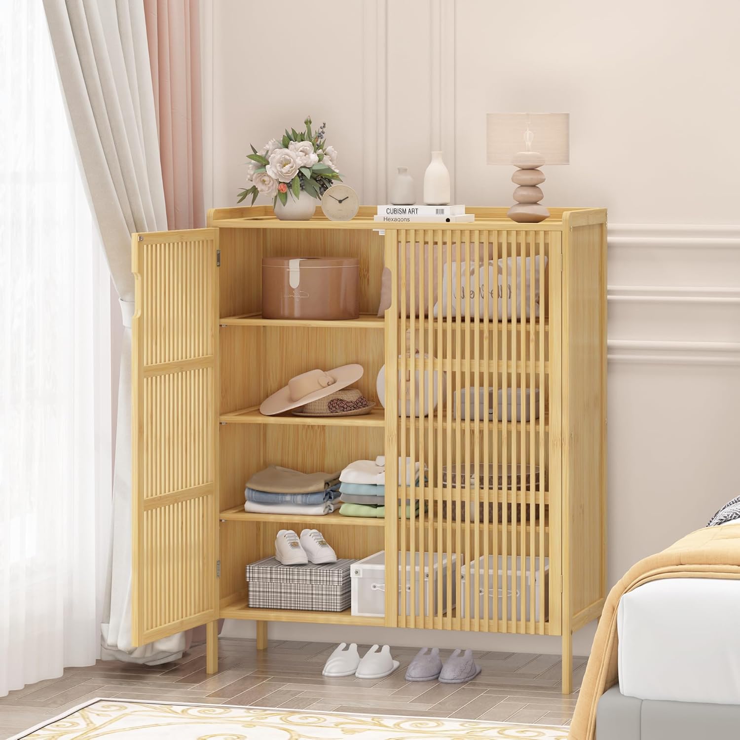 Shoe Cabinet with Doors Bamboo 5 Tiers Shoe Storage Cabinet for Entryway, 25 Pairs Wooden Shoe Cabinets, Modern Shoe Organizer Storage for Living Room, Bedroom, Hallway, Closet Nature