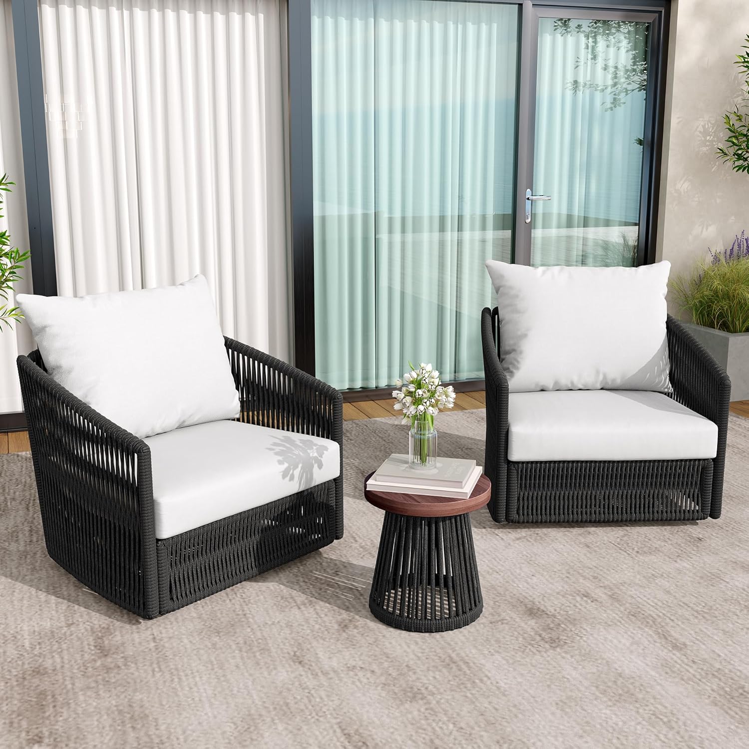 UIXE 3 Pieces Patio Swivel Chairs Outdoor Bistro Set, PE Wicker Rope Outdoor Furniture Black Rattan Patio Sofa Conversation Sets with Coffee Table & Beige Cushions