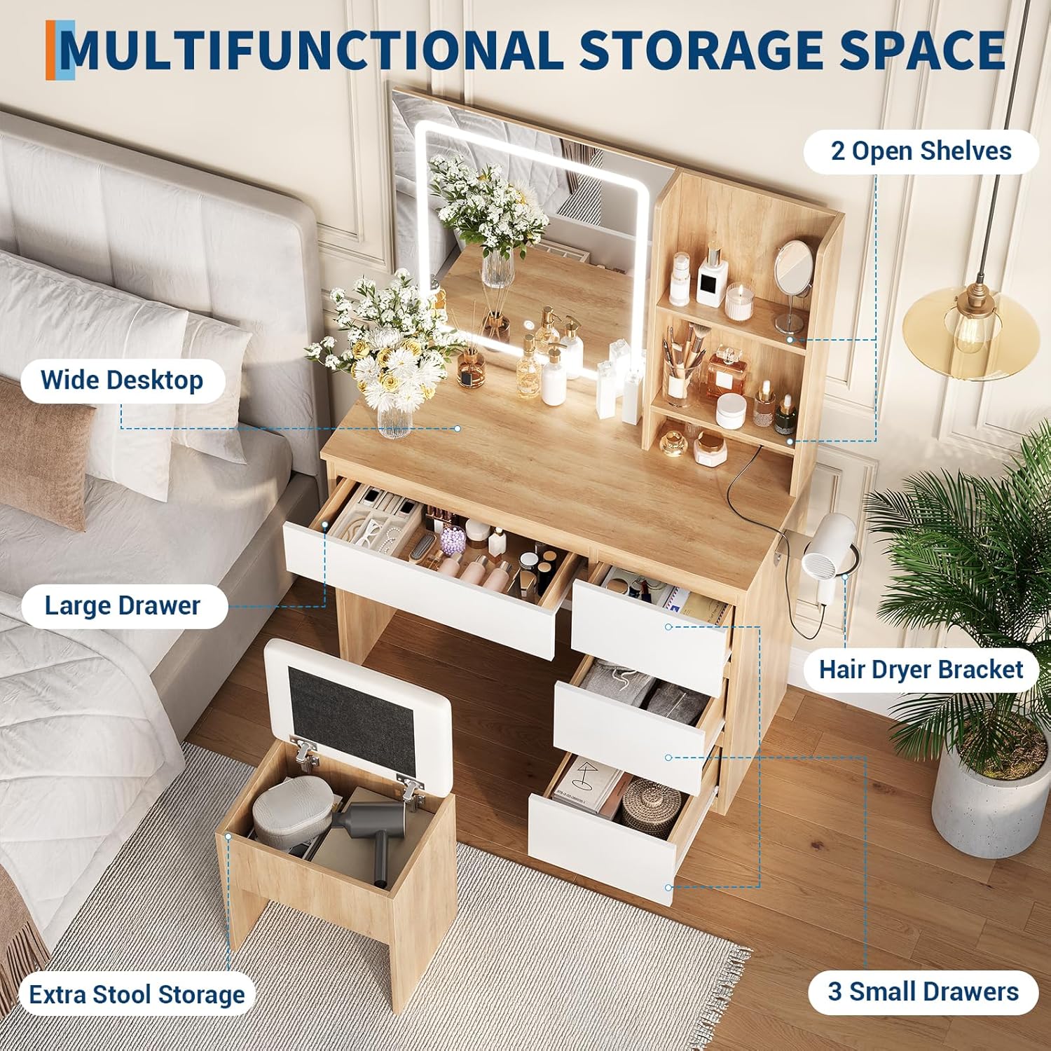 GarveeHome Vanity Desk with Mirror and Lights - Modern Makeup Dressing Table with Outlets, Storage Stool, 4 Drawers & Hair Dryer Holder - 3 Colors LED Vanity Mirror, Vanities for Bedroom, Natural