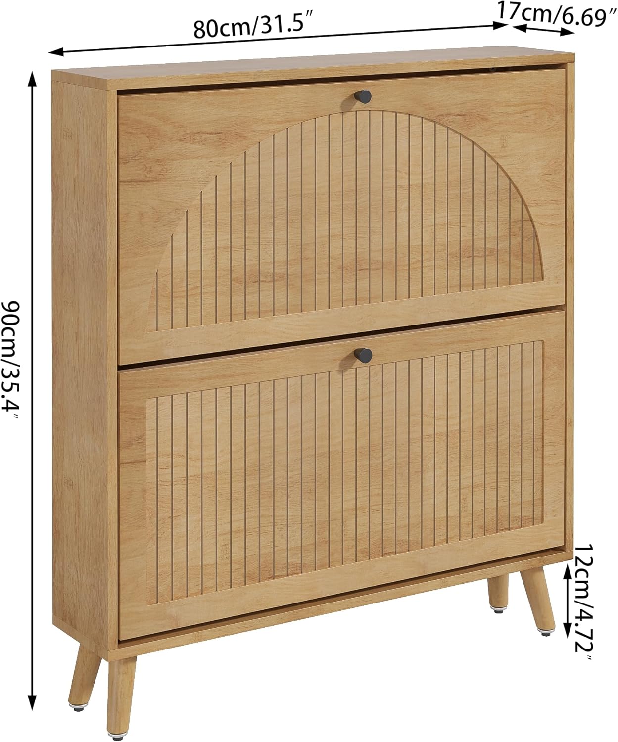 Shoe Storage Cabinet for Entryway with 2 Flip Drawers, Narrow Wood Shoe Cabinet with Fluted Panel, Freestanding Hidden Shoe Organizer for Foyer, Hallway (Wood Color - No Shelf)