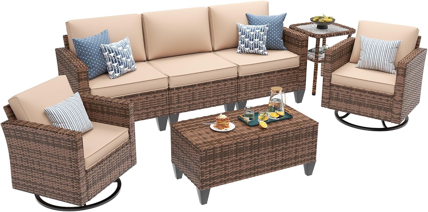 UDPATIO Patio Furniture Set, 5 Pieces Outdoor Conversation Sets with Rocking Swivel Chairs, Wicker Rattan Outdoor Sofa Set with Storage Table and Waterproof Covers for Backyard, Deck, Porch, Khaki