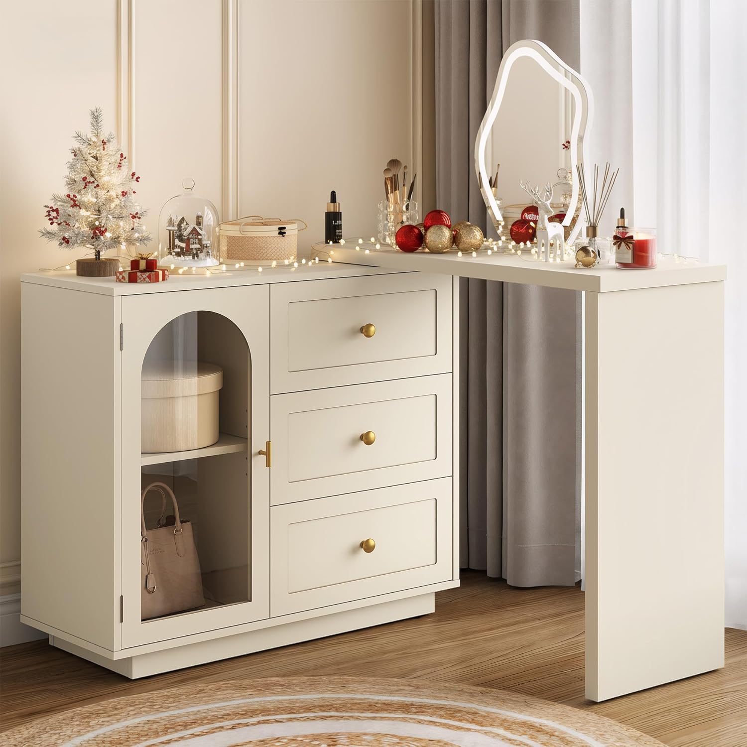 RoyalCraft 59” Large Makeup Vanity Desk, Beige L Shaped Corner Vanity Table with 3 Drawer & 2 Door, Modern Extendable Dressing Table, Vanity Dresser Combo for Bedroom, Dressing Room (Without Mirror)