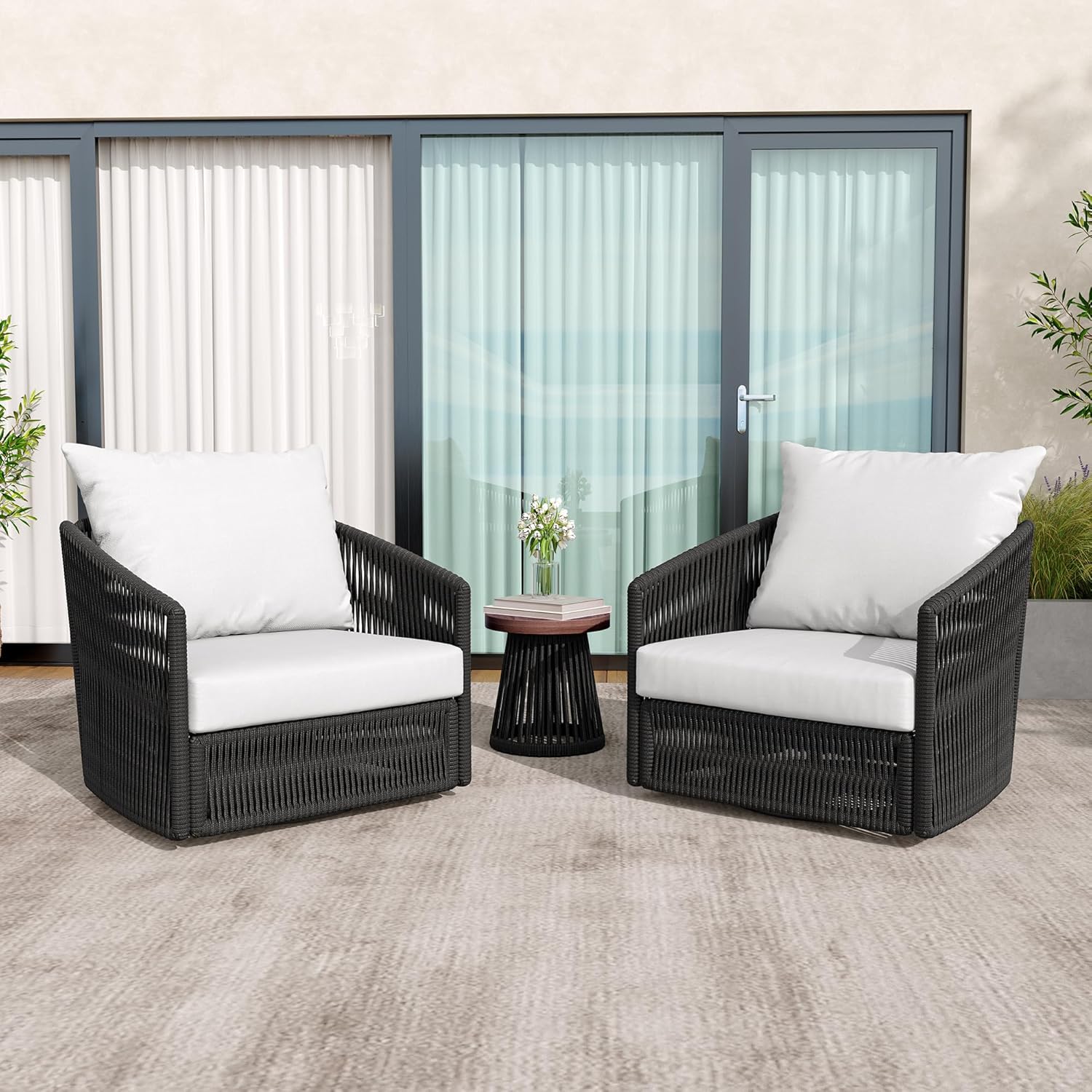 UIXE 3 Pieces Patio Swivel Chairs Outdoor Bistro Set, PE Wicker Rope Outdoor Furniture Black Rattan Patio Sofa Conversation Sets with Coffee Table & Beige Cushions