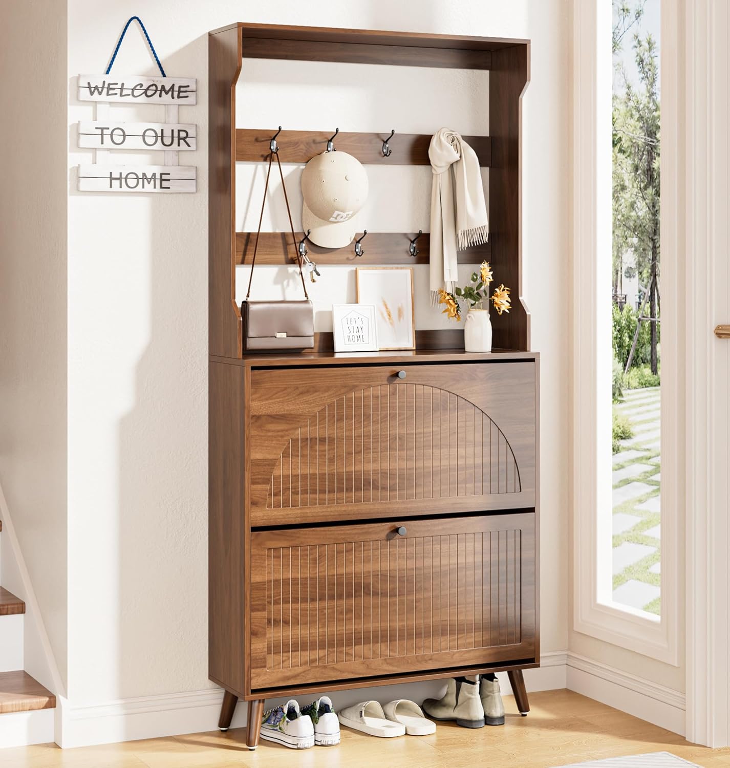 Shoe Storage Cabinet for Entryway with 2 Flip Drawers, Narrow Wood Shoe Cabinet with Fluted Panel, Freestanding Hidden Shoe Organizer for Foyer, Hallway (Wood Color - No Shelf)