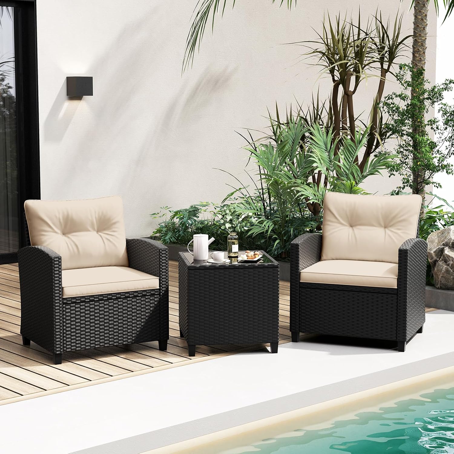 RELAX4LIFE Wicker Patio Furniture Sets - 3 Pieces Rattan Sofa Set, Outdoor Conversation Set with Tempered Glass Tabletop, Heavy-Duty Steel Frame, Wicker Chair Set for Poolside, Backyard, Grey