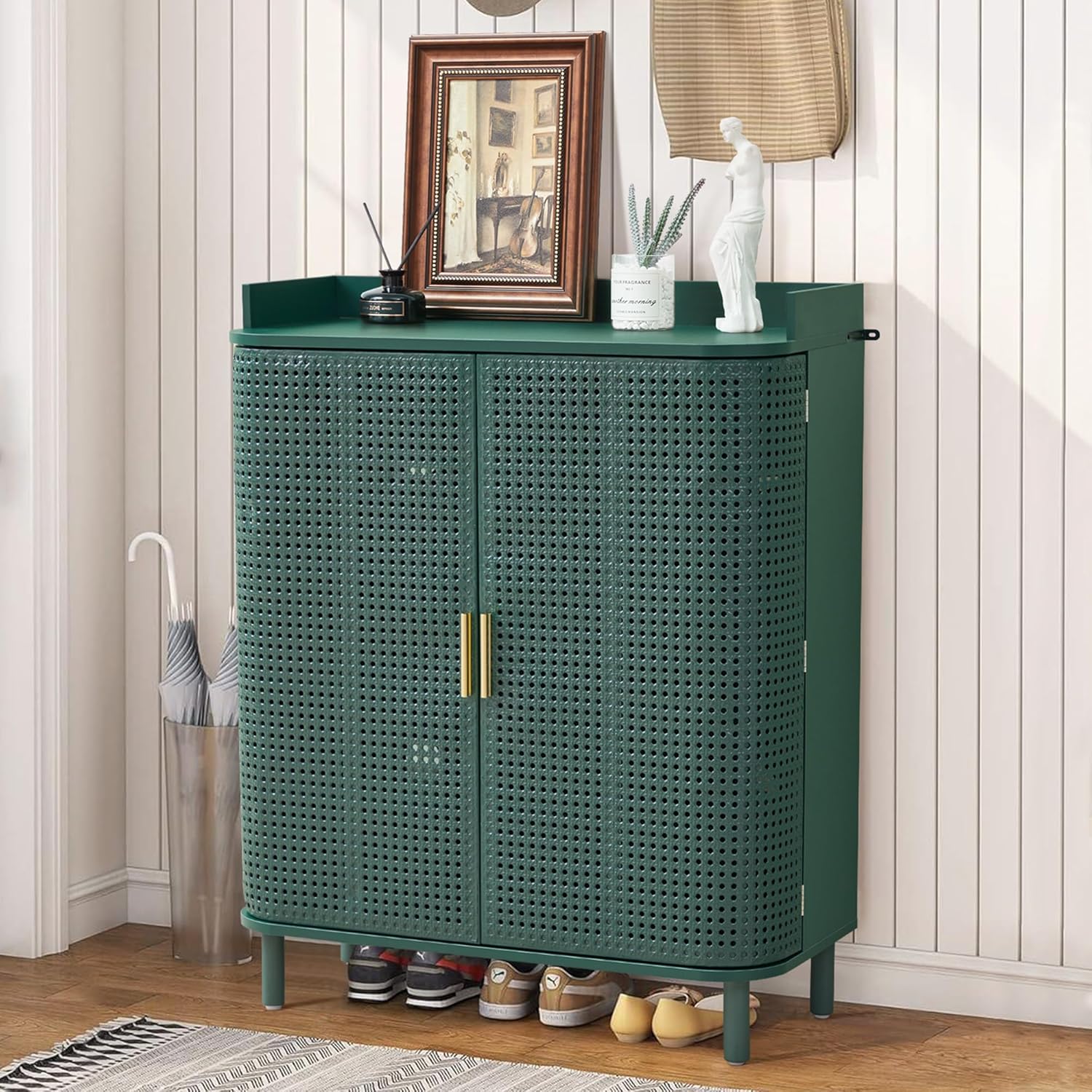 ORRD Shoe Cabinet, 5 Tier Boho Wooden Shoe Storage Organizer Cabinet with Adjustable Shelves, Shoes Rack with Iron Rattan Curved Doors Accent Cabinet for Entryway Hallway Living Room, Walnut