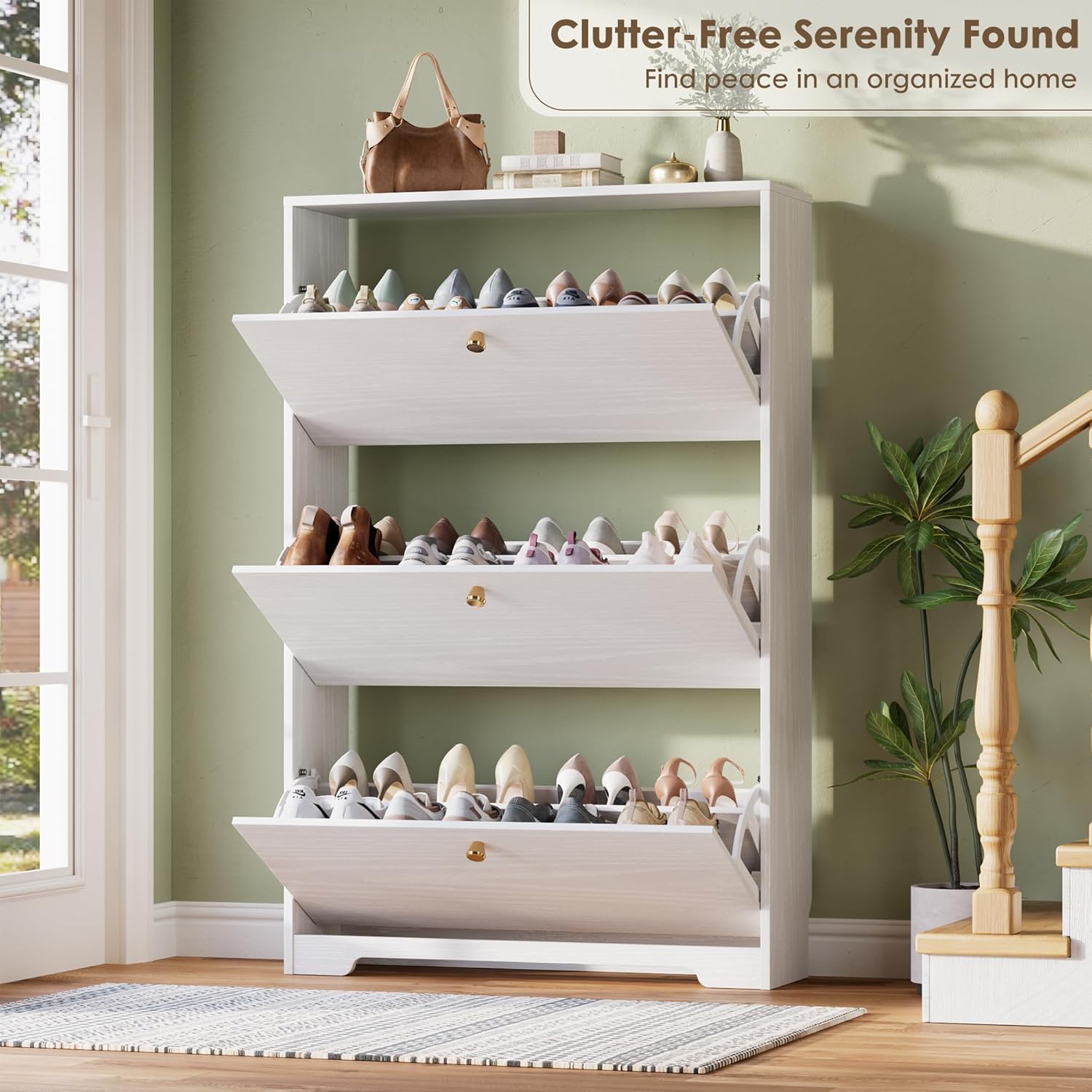 Nicetree Shoe Cabinet with 3 Flip Drawers, Narrow Shoe Organizer Cabinet, Freestanding Shoe Rack Cabinet, Morden Shoe Storage Cabinet for Entryway, Hallway, Foryer, White