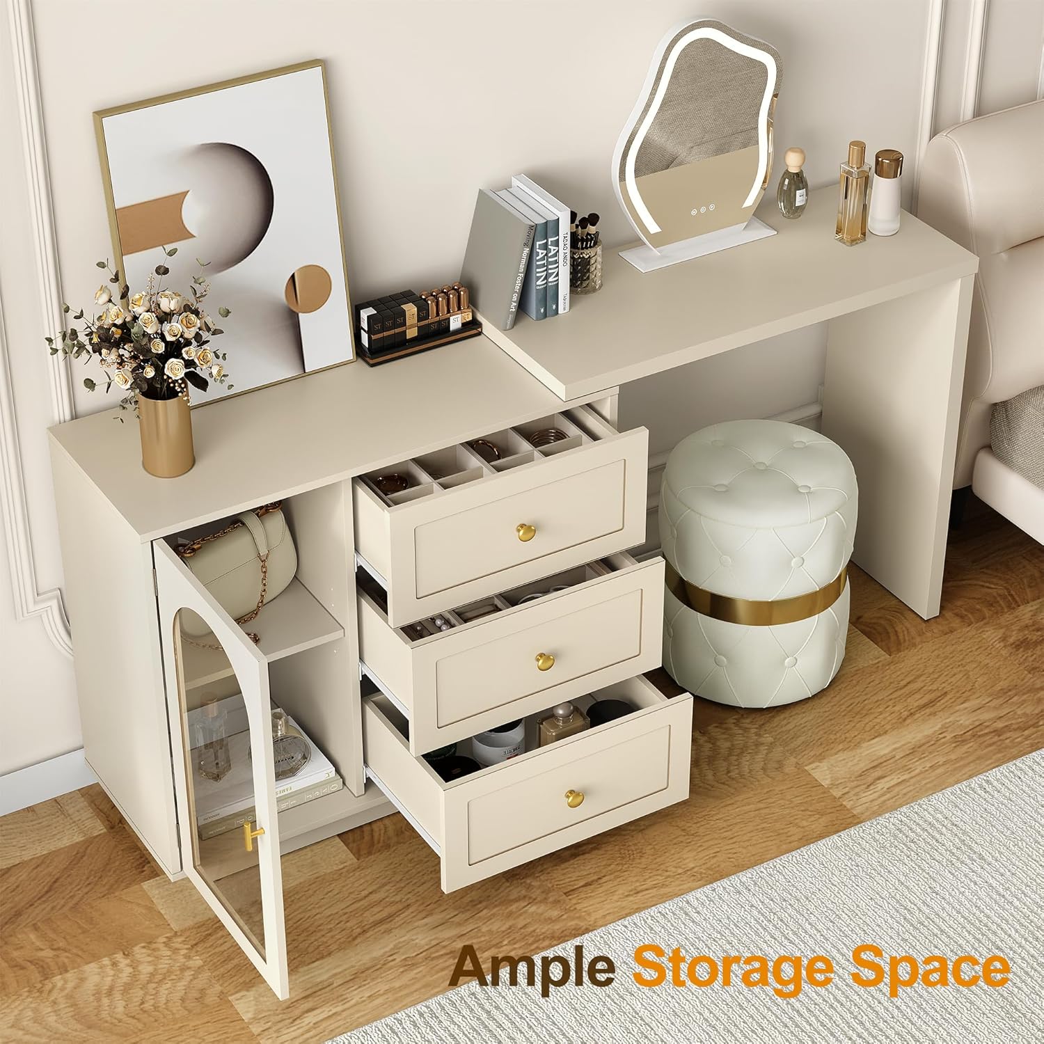 RoyalCraft 59” Large Makeup Vanity Desk, Beige L Shaped Corner Vanity Table with 3 Drawer & 2 Door, Modern Extendable Dressing Table, Vanity Dresser Combo for Bedroom, Dressing Room (Without Mirror)