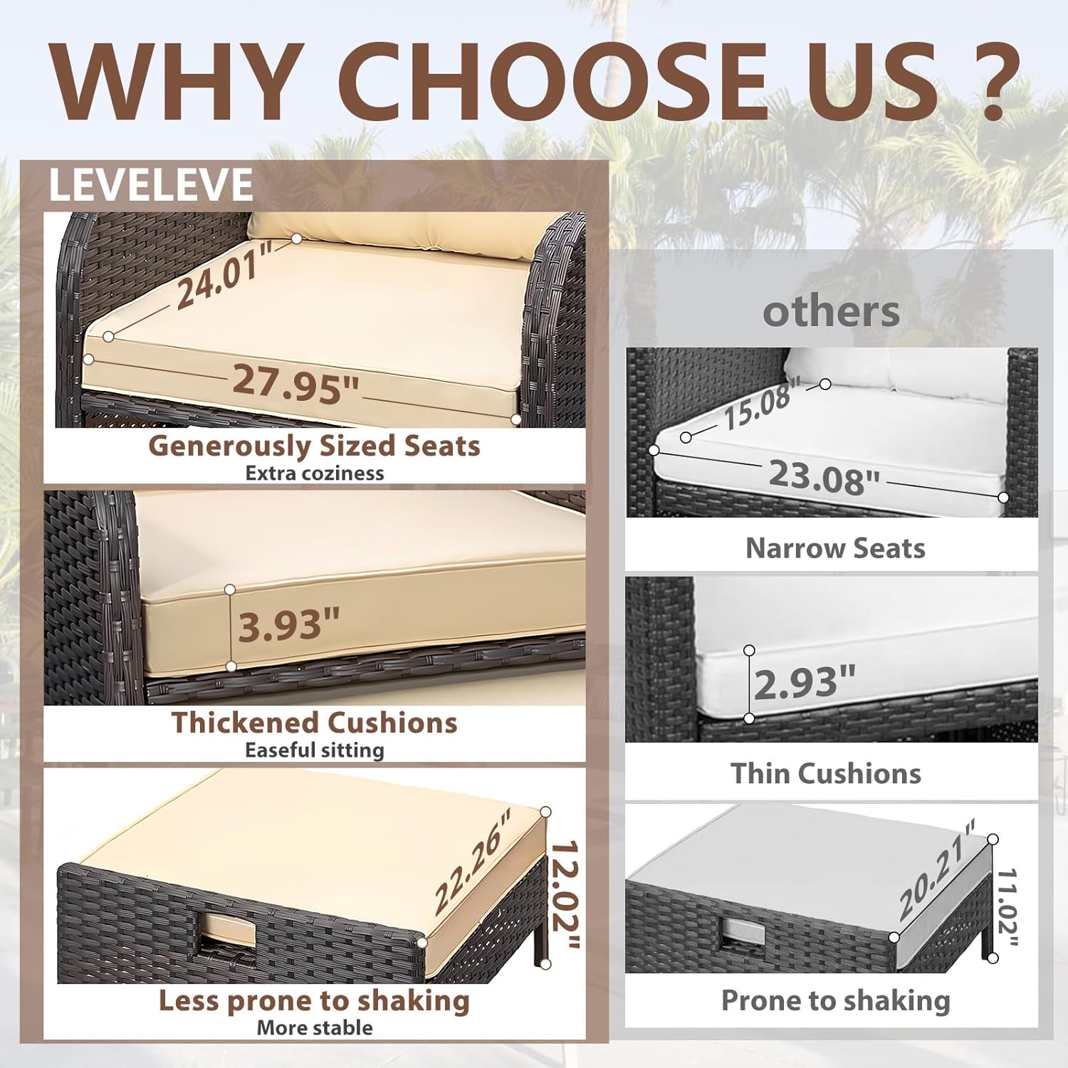 LEVELEVE Balcony Furniture 5 Piece Patio Conversation Set, PE Wicker Rattan Outdoor Lounge Chairs with Soft Cushions 2 Ottoman&Glass Table for Porch, Lawn-Brown Wicker