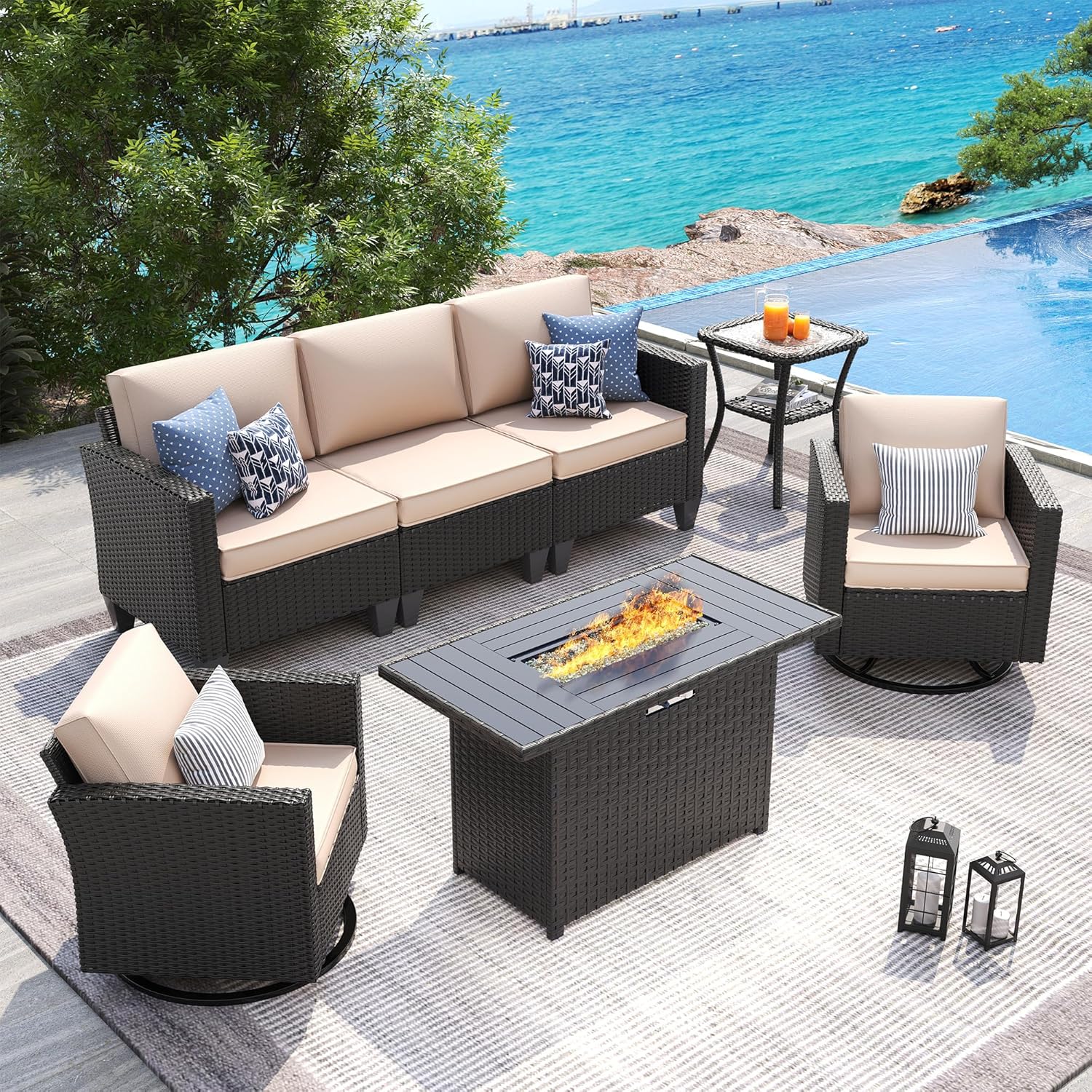 UDPATIO Patio Furniture Set, 5 Pieces Outdoor Conversation Sets with Rocking Swivel Chairs, Wicker Rattan Outdoor Sofa Set with Storage Table and Waterproof Covers for Backyard, Deck, Porch, Khaki