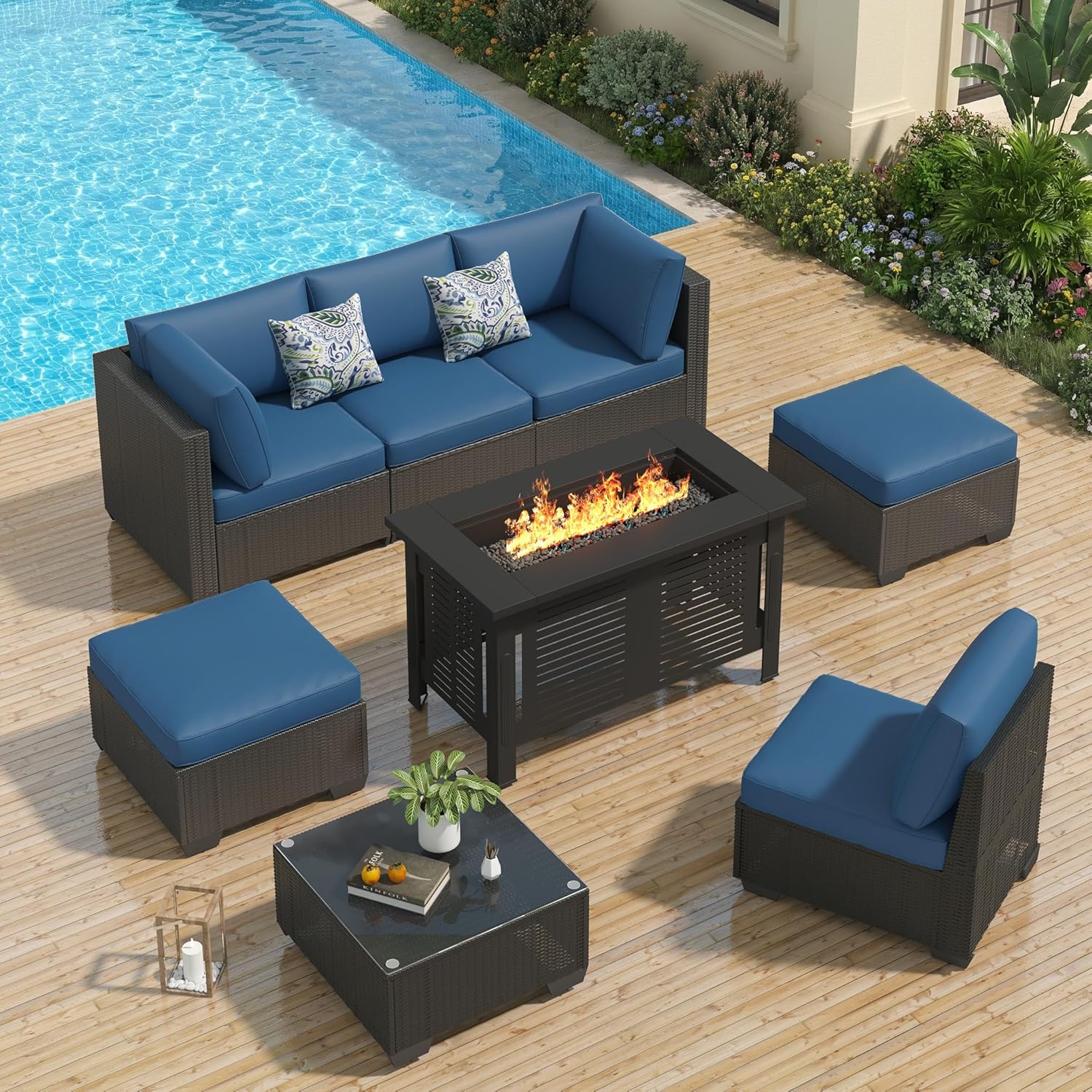 U-MAX 7 Piece Outdoor Patio Furniture Set, PE Rattan Wicker Sofa Set, Outdoor Sectional Furniture Chair Set with Navy Cushions and Tea Table, Black Rattan
