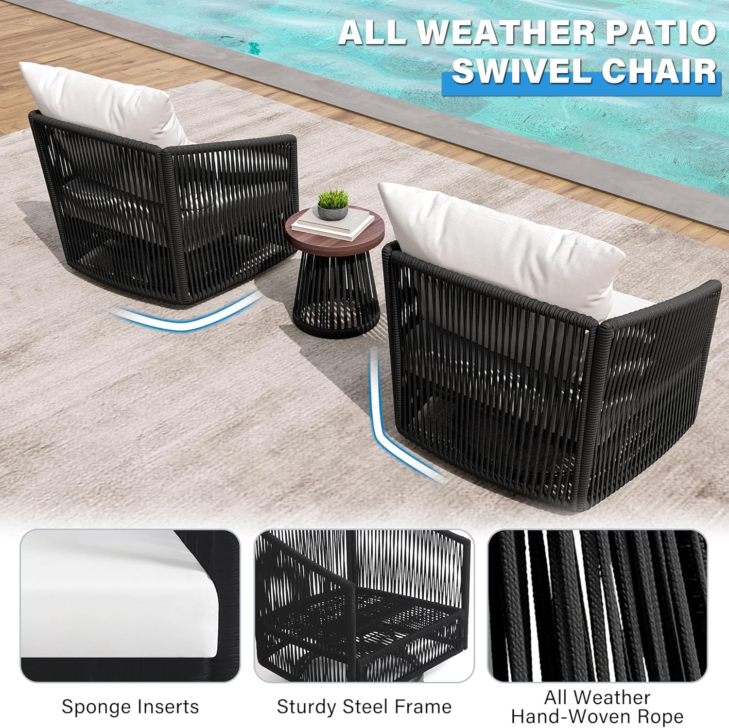 UIXE 3 Pieces Patio Swivel Chairs Outdoor Bistro Set, PE Wicker Rope Outdoor Furniture Black Rattan Patio Sofa Conversation Sets with Coffee Table & Beige Cushions