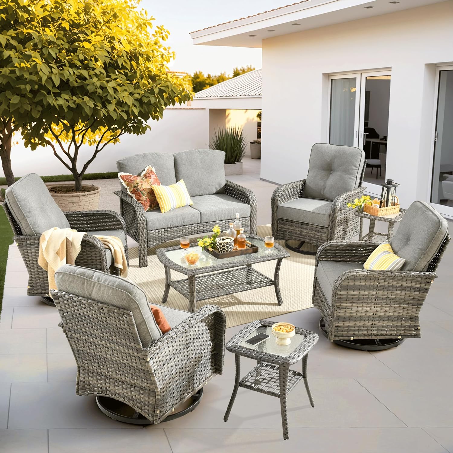 ovios 4 Pieces Patio Furniture Set, Outdoor Wicker Sofa with Coffee Table, Chairs, All Weather High Back Rattan Loveseat Couch with Comfy Cushions, Beige