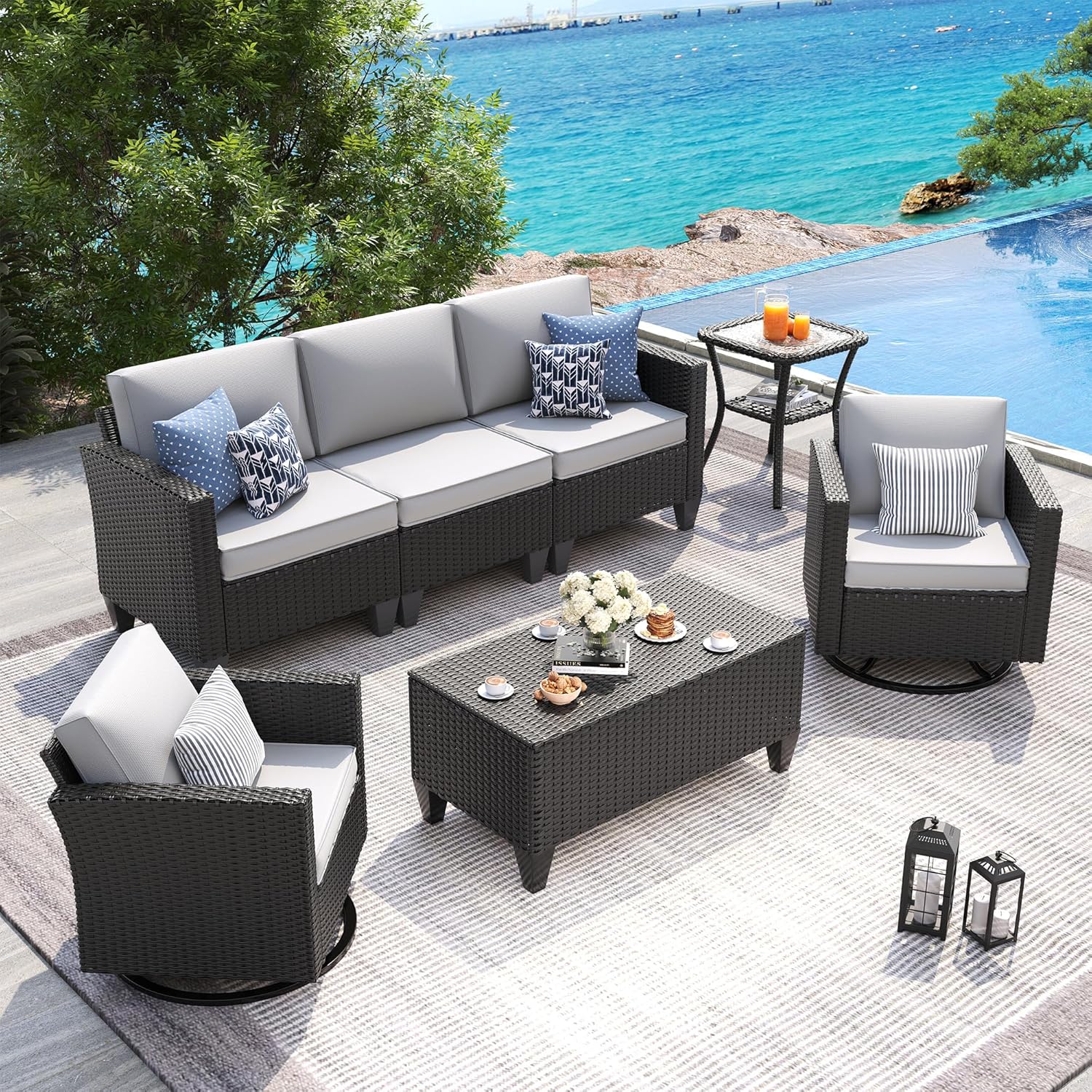 UDPATIO Patio Furniture Set, 5 Pieces Outdoor Conversation Sets with Rocking Swivel Chairs, Wicker Rattan Outdoor Sofa Set with Storage Table and Waterproof Covers for Backyard, Deck, Porch, Khaki