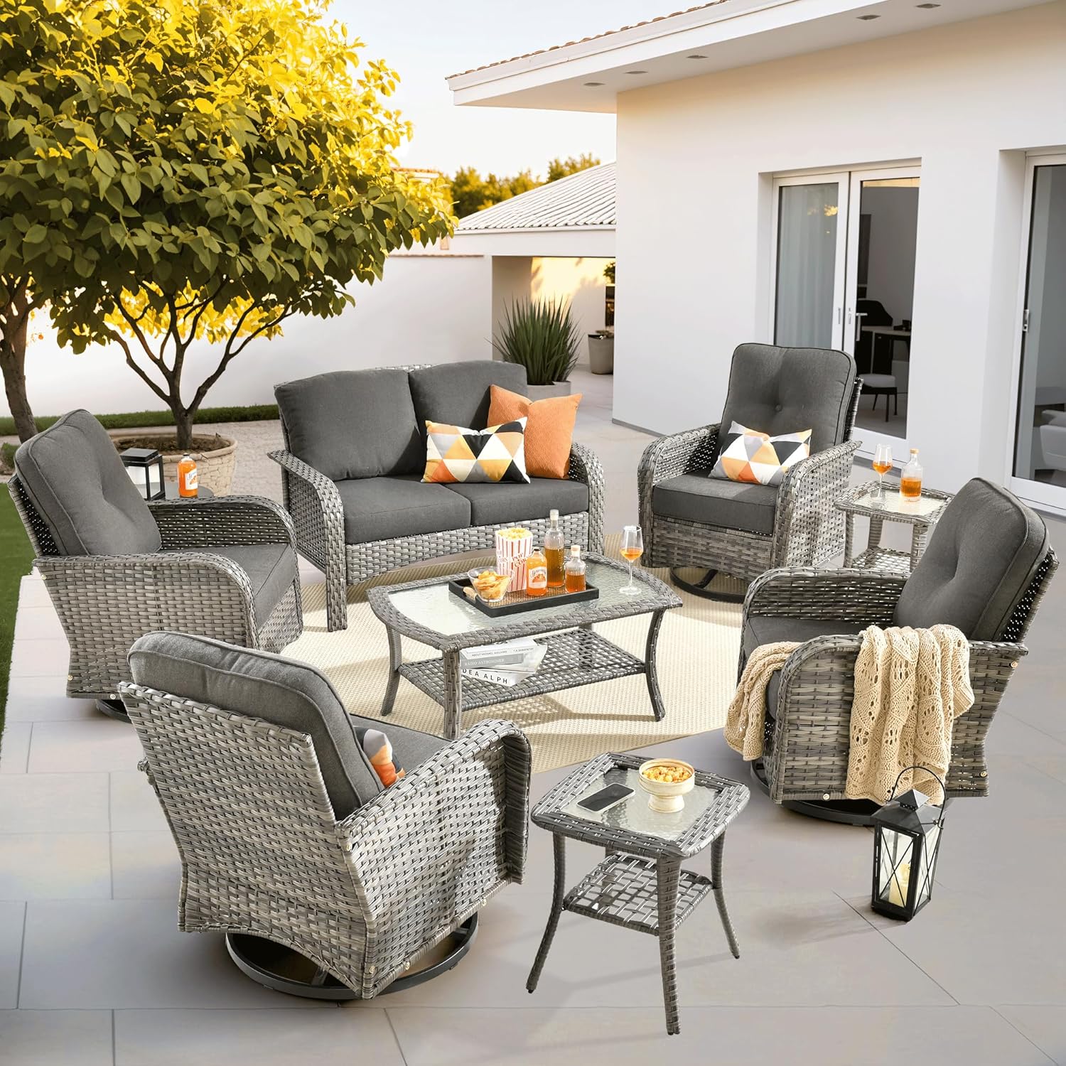ovios 4 Pieces Patio Furniture Set, Outdoor Wicker Sofa with Coffee Table, Chairs, All Weather High Back Rattan Loveseat Couch with Comfy Cushions, Beige