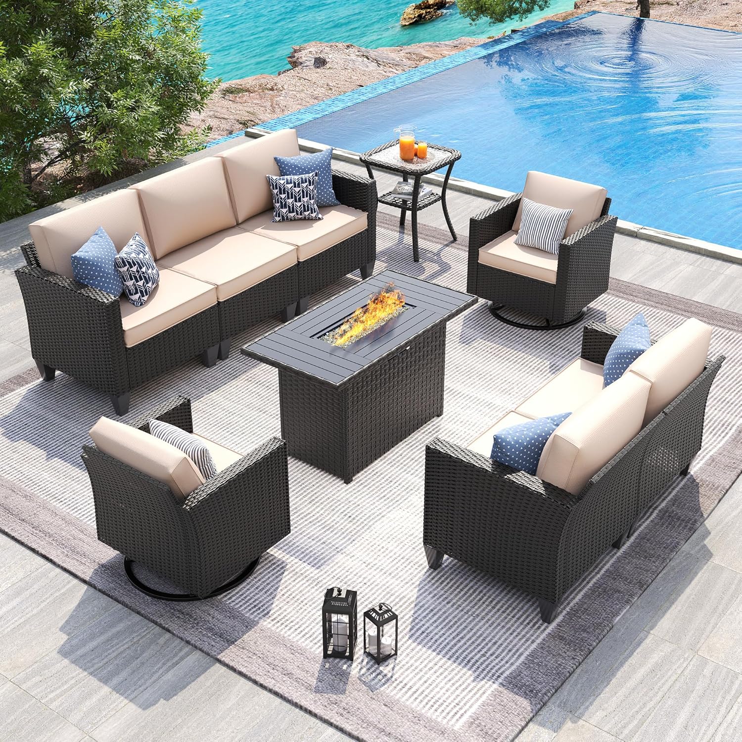UDPATIO Patio Furniture Set, 5 Pieces Outdoor Conversation Sets with Rocking Swivel Chairs, Wicker Rattan Outdoor Sofa Set with Storage Table and Waterproof Covers for Backyard, Deck, Porch, Khaki