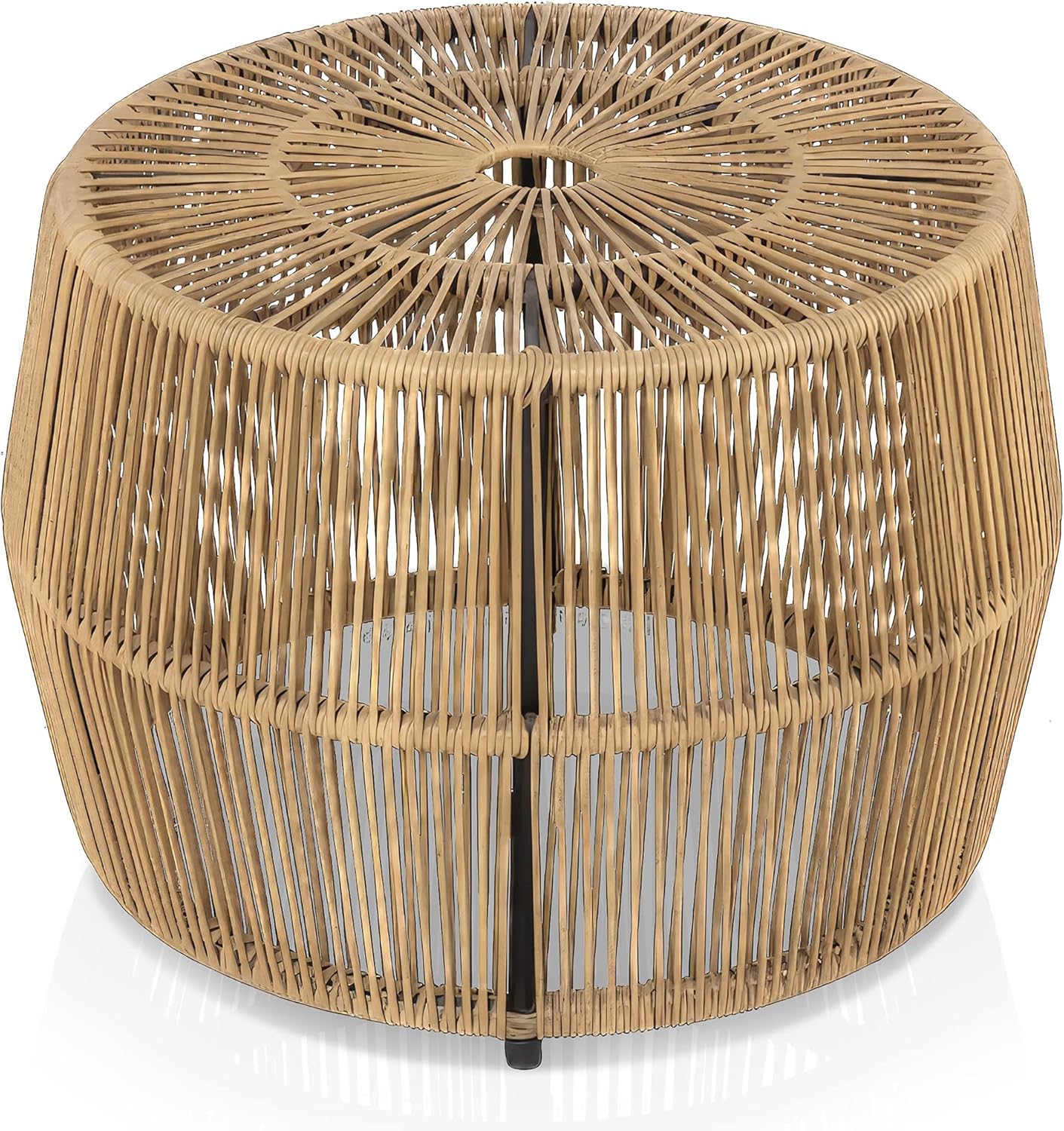 Furniture of America Ysar Boho Rattan Round Coffee Table Outdoor with Metal Frame, All-Weather and Rust Resistant, Handcrafted Coastal Furniture for Patio, Poolside, Garden, Yard, Black