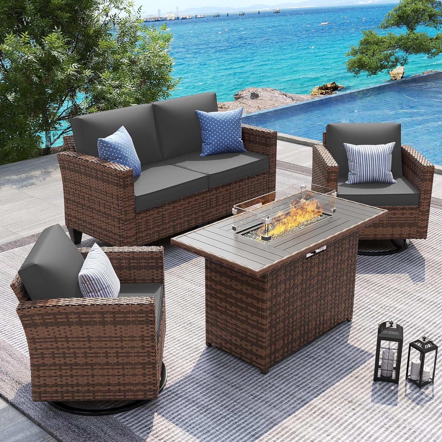 UDPATIO Patio Furniture Set, 5 Pieces Outdoor Conversation Sets with Rocking Swivel Chairs, Wicker Rattan Outdoor Sofa Set with Storage Table and Waterproof Covers for Backyard, Deck, Porch, Khaki