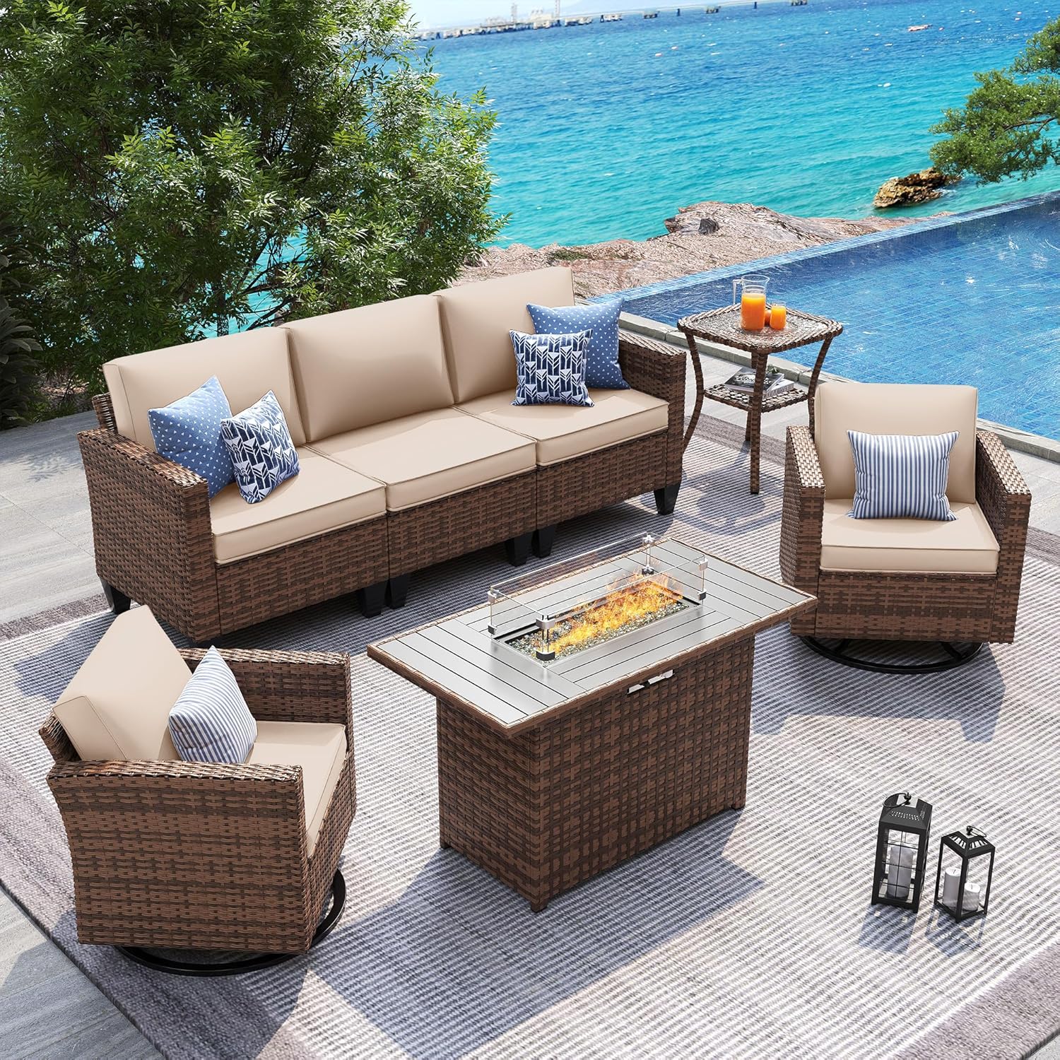 UDPATIO Patio Furniture Set, 5 Pieces Outdoor Conversation Sets with Rocking Swivel Chairs, Wicker Rattan Outdoor Sofa Set with Storage Table and Waterproof Covers for Backyard, Deck, Porch, Khaki