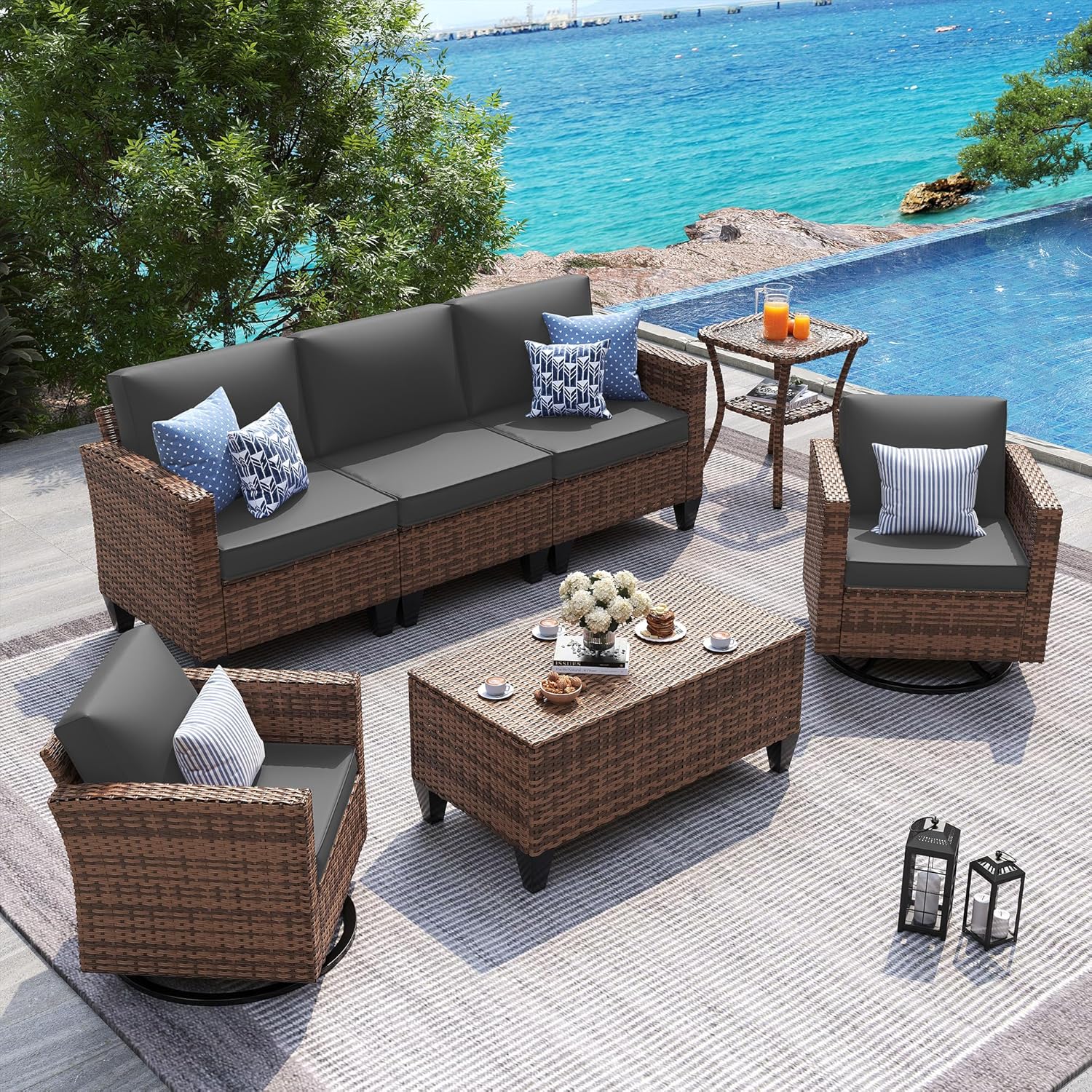 UDPATIO Patio Furniture Set, 5 Pieces Outdoor Conversation Sets with Rocking Swivel Chairs, Wicker Rattan Outdoor Sofa Set with Storage Table and Waterproof Covers for Backyard, Deck, Porch, Khaki