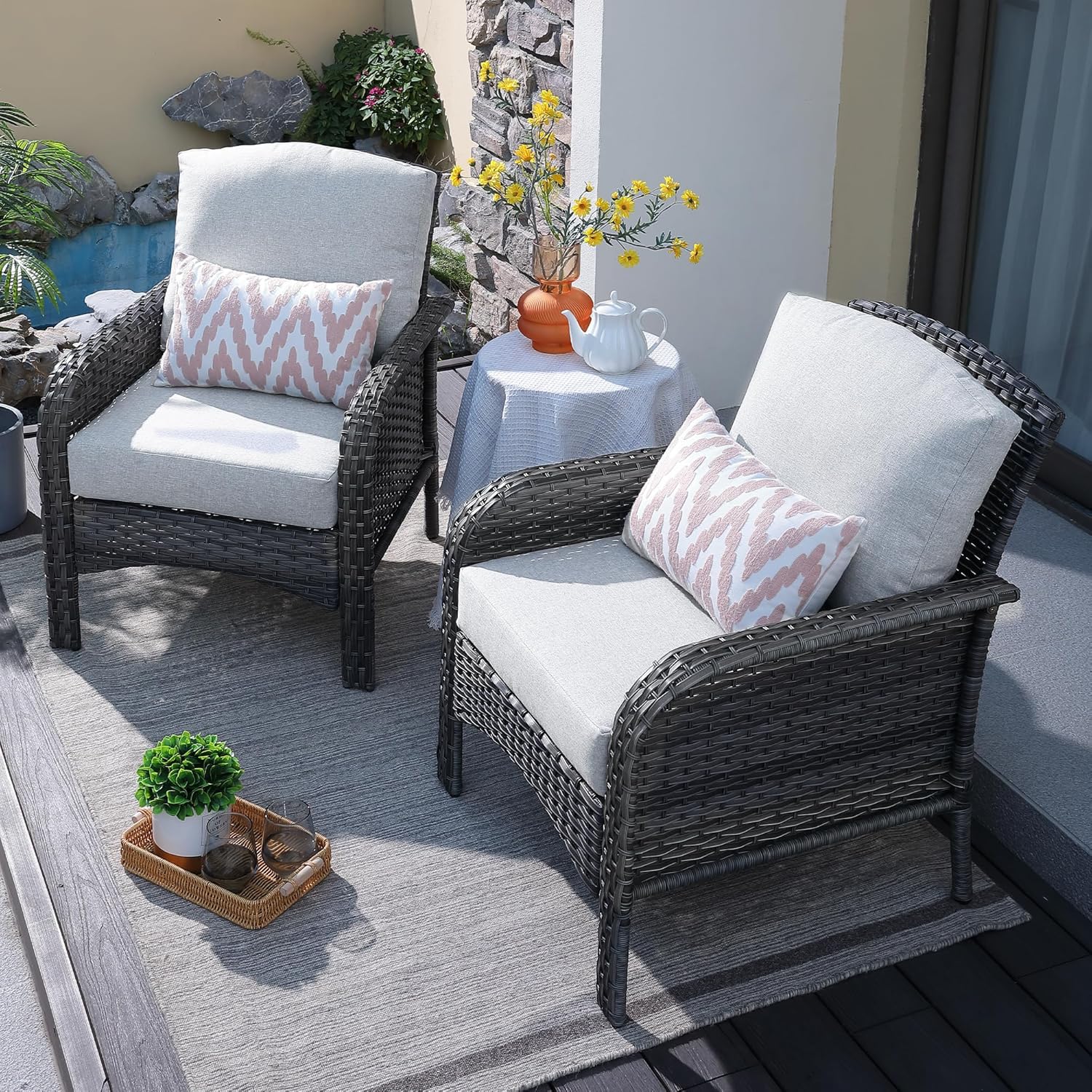 ovios 4 Pieces Patio Furniture Set, Outdoor Wicker Sofa with Coffee Table, Chairs, All Weather High Back Rattan Loveseat Couch with Comfy Cushions, Beige