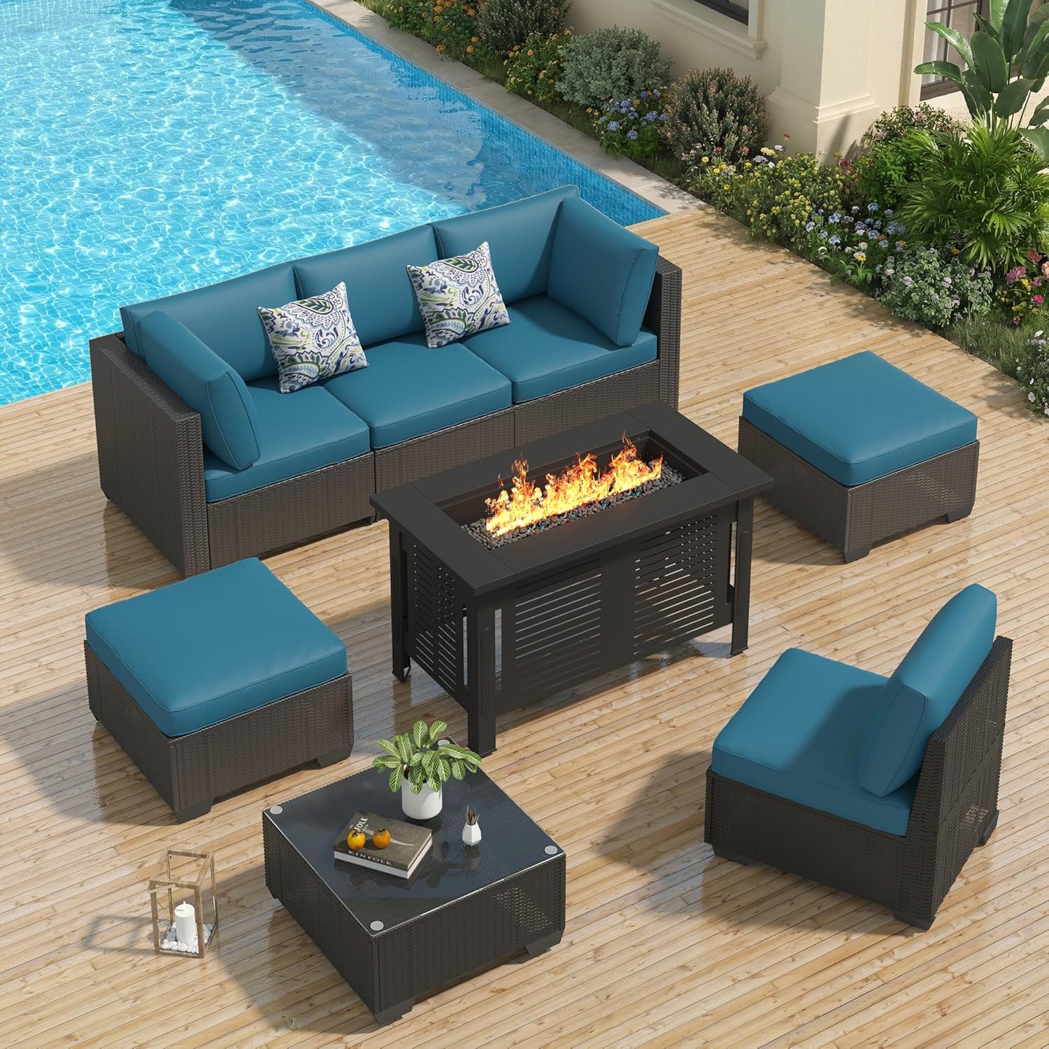 U-MAX 7 Piece Outdoor Patio Furniture Set, PE Rattan Wicker Sofa Set, Outdoor Sectional Furniture Chair Set with Navy Cushions and Tea Table, Black Rattan