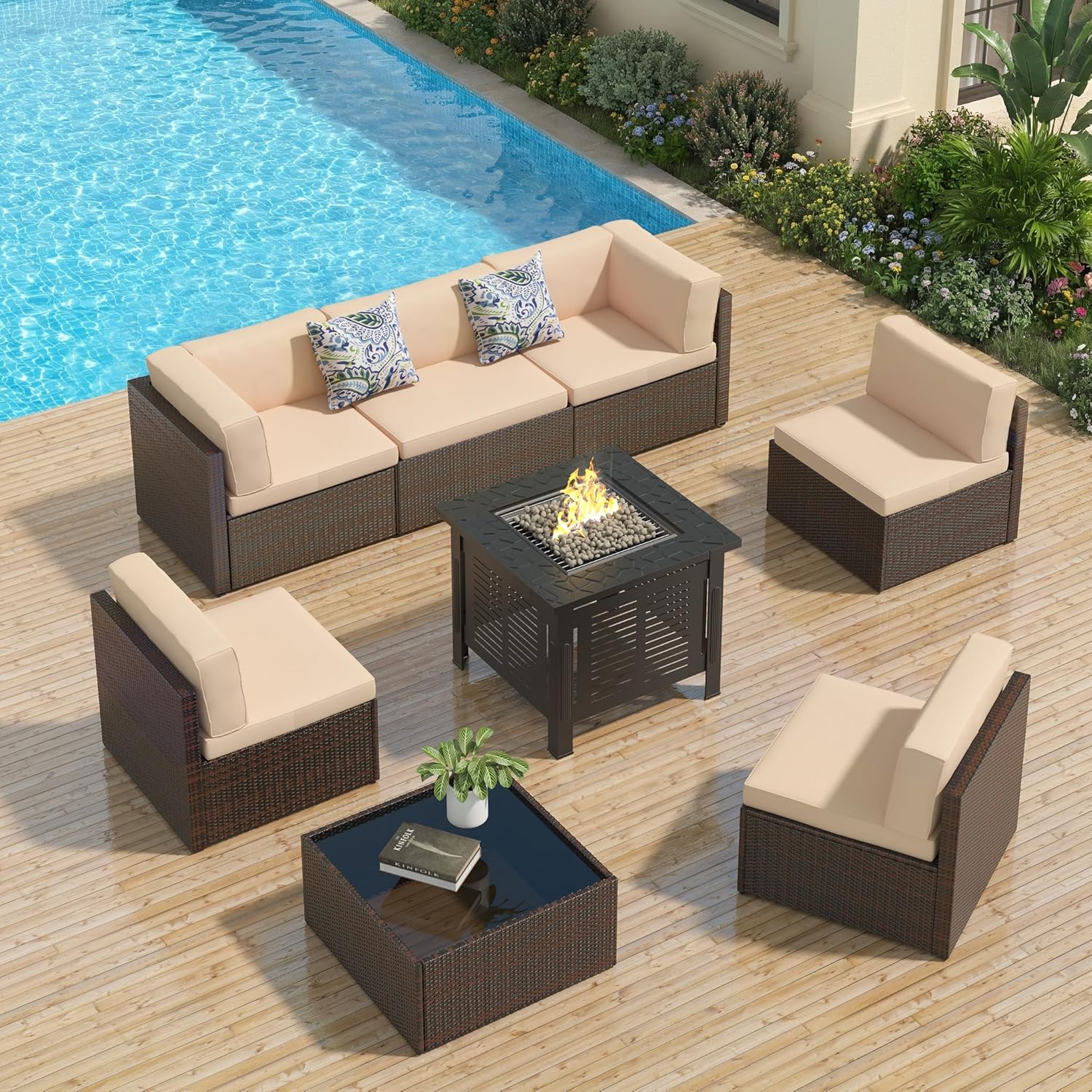 U-MAX 7 Piece Outdoor Patio Furniture Set, PE Rattan Wicker Sofa Set, Outdoor Sectional Furniture Chair Set with Navy Cushions and Tea Table, Black Rattan