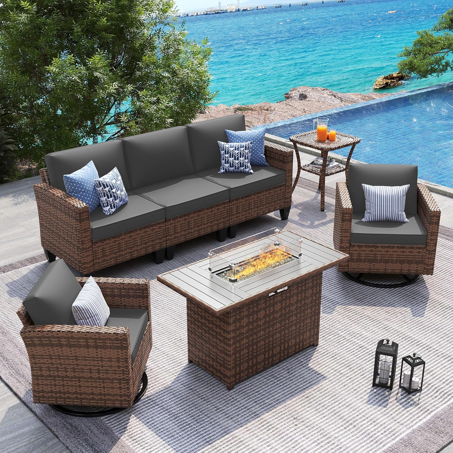 UDPATIO Patio Furniture Set, 5 Pieces Outdoor Conversation Sets with Rocking Swivel Chairs, Wicker Rattan Outdoor Sofa Set with Storage Table and Waterproof Covers for Backyard, Deck, Porch, Khaki