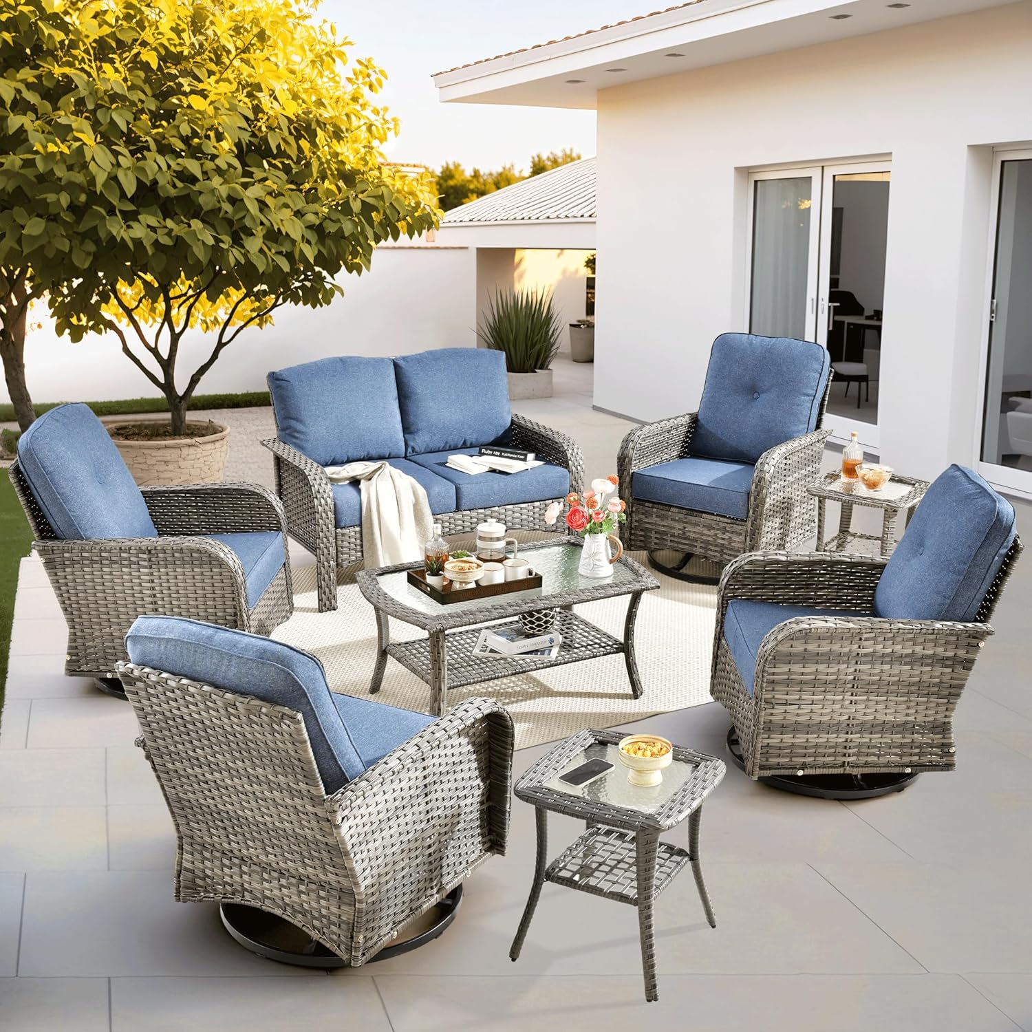 ovios 4 Pieces Patio Furniture Set, Outdoor Wicker Sofa with Coffee Table, Chairs, All Weather High Back Rattan Loveseat Couch with Comfy Cushions, Beige