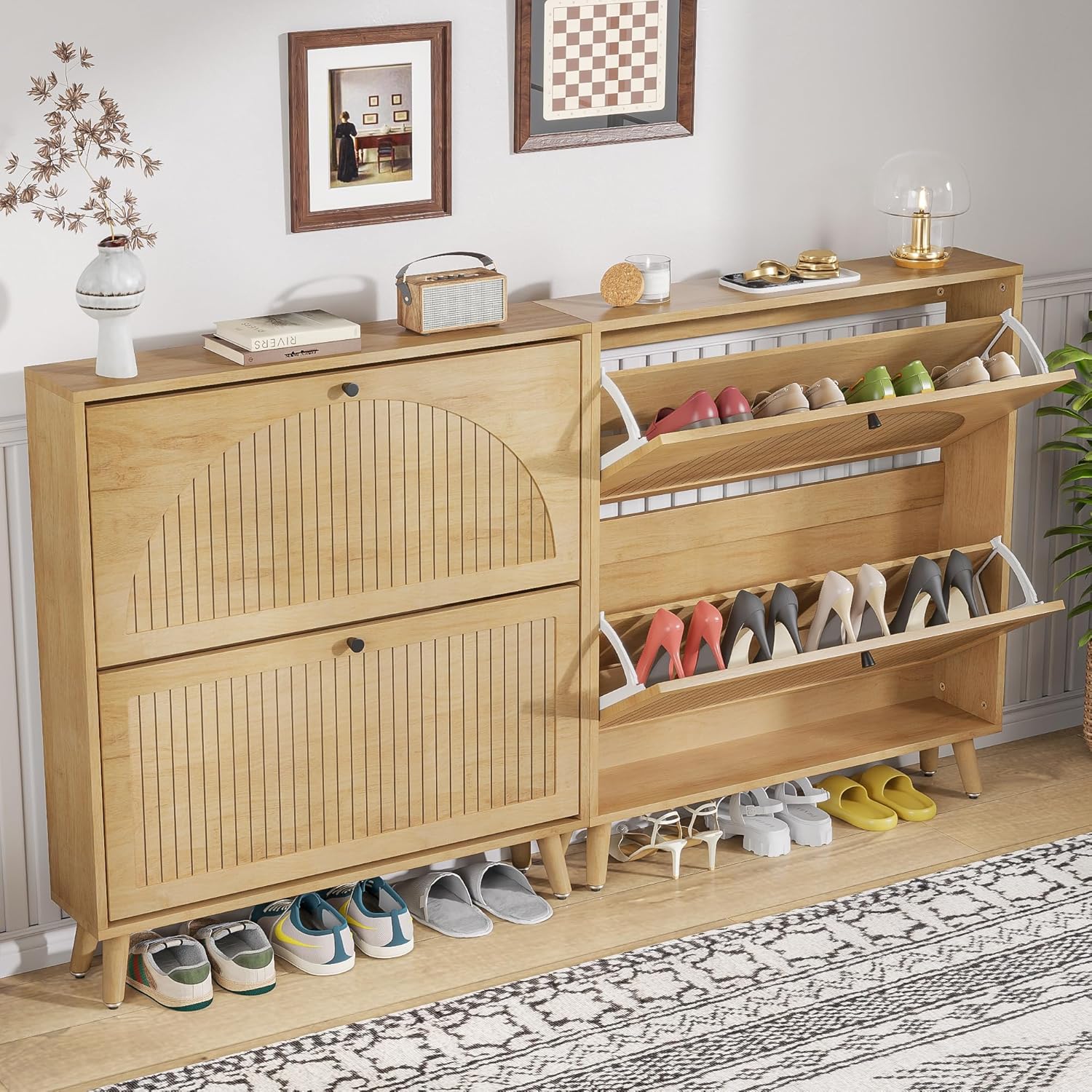 Shoe Storage Cabinet for Entryway with 2 Flip Drawers, Narrow Wood Shoe Cabinet with Fluted Panel, Freestanding Hidden Shoe Organizer for Foyer, Hallway (Wood Color - No Shelf)