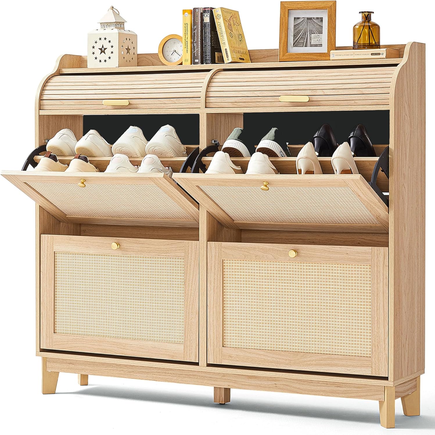 LINSY Shoe Storage Cabinet, Rattan Shoe Cabinet Wood Shoes Rack Cabinets with Sliding Tambour Door, Large Flip Drawer Shoe Cabinet Boho Hidden Shoe Storage for Entryway, Front Door, Hallway, Oak