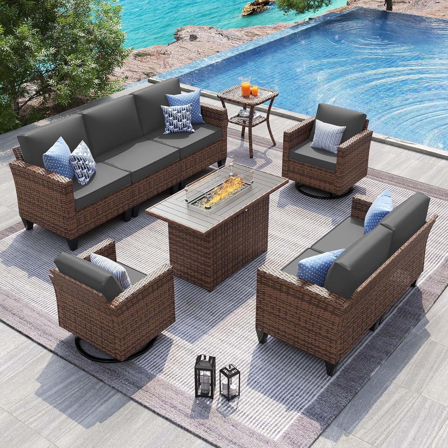 UDPATIO Patio Furniture Set, 5 Pieces Outdoor Conversation Sets with Rocking Swivel Chairs, Wicker Rattan Outdoor Sofa Set with Storage Table and Waterproof Covers for Backyard, Deck, Porch, Khaki