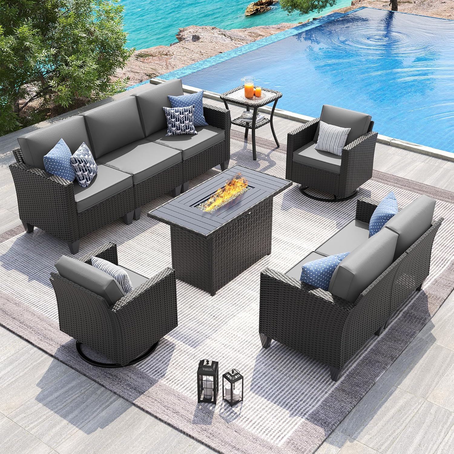 UDPATIO Patio Furniture Set, 5 Pieces Outdoor Conversation Sets with Rocking Swivel Chairs, Wicker Rattan Outdoor Sofa Set with Storage Table and Waterproof Covers for Backyard, Deck, Porch, Khaki