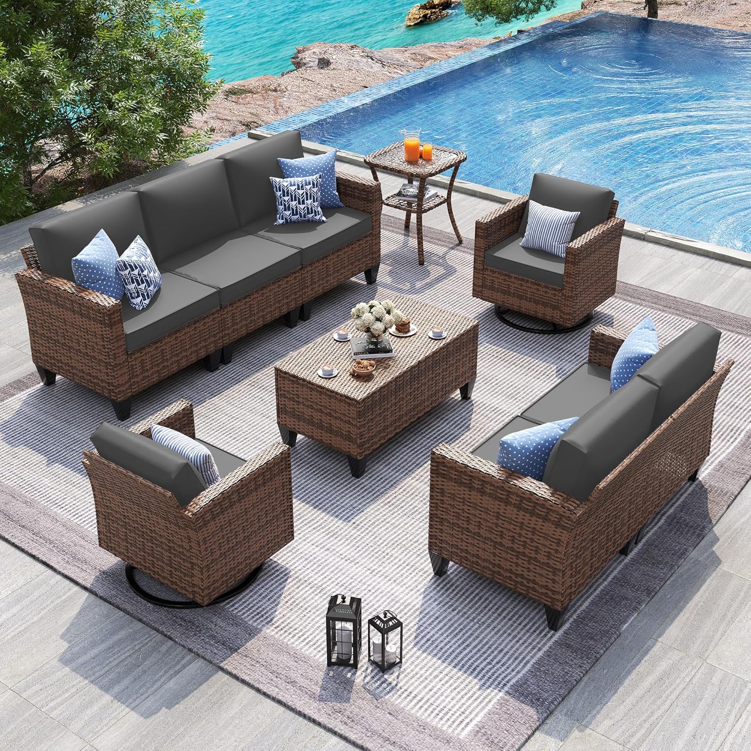 UDPATIO Patio Furniture Set, 5 Pieces Outdoor Conversation Sets with Rocking Swivel Chairs, Wicker Rattan Outdoor Sofa Set with Storage Table and Waterproof Covers for Backyard, Deck, Porch, Khaki