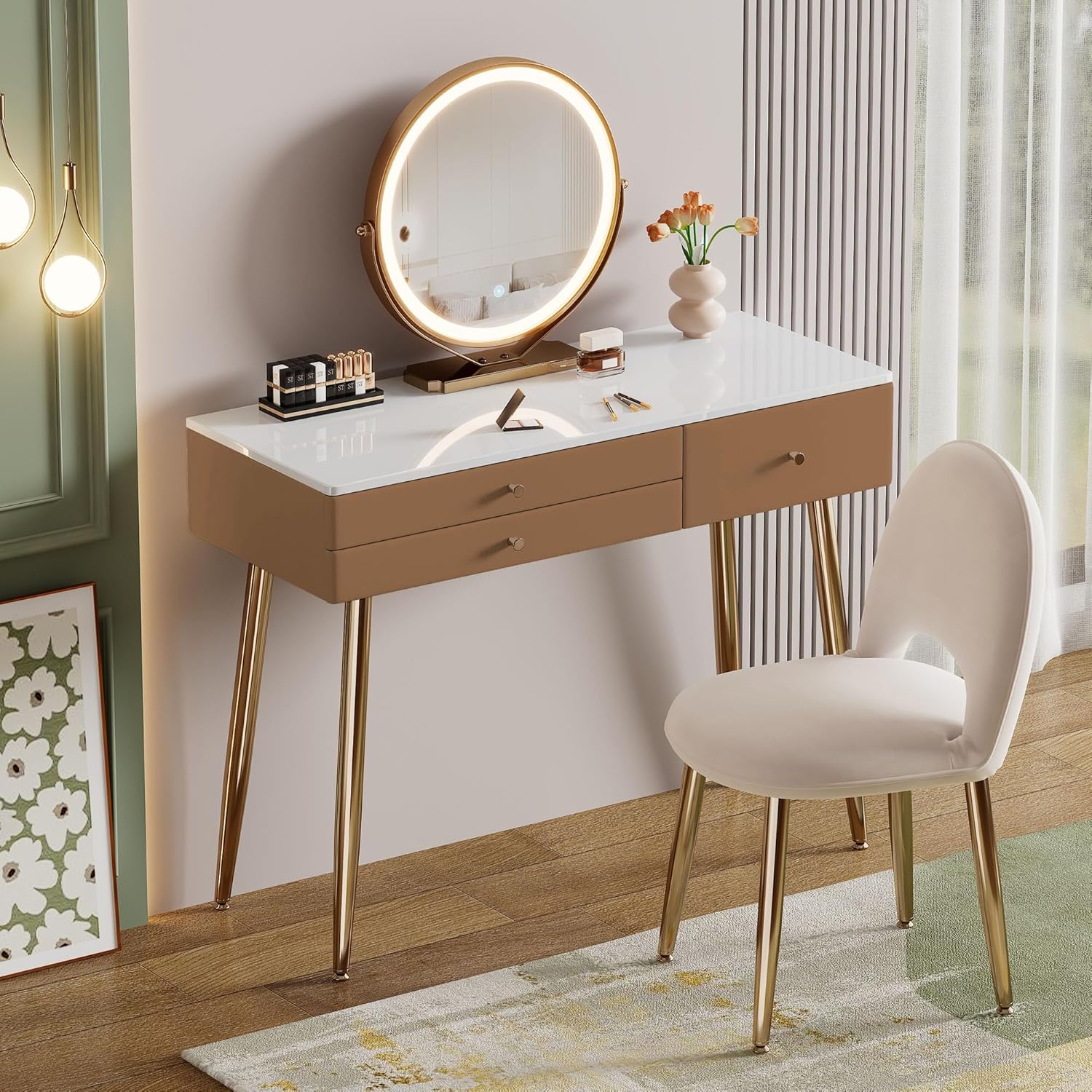 Vanity Desk with Mirror and Lights| 39" Beige Modern Makeup Vanity Set with Drawers & Adjustable Chair| White and Gold Dressing Table for Small Spaces & Bedroom