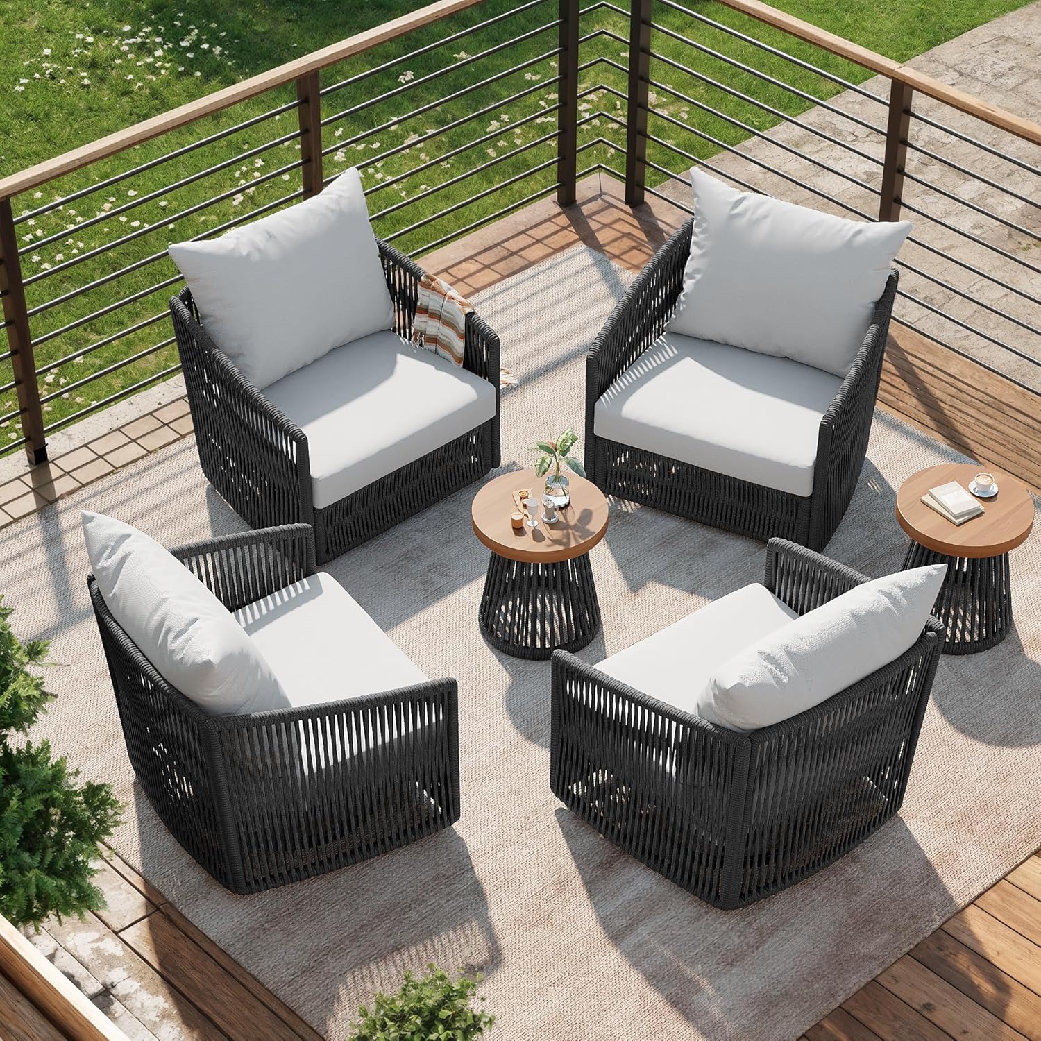 UIXE 3 Pieces Patio Swivel Chairs Outdoor Bistro Set, PE Wicker Rope Outdoor Furniture Black Rattan Patio Sofa Conversation Sets with Coffee Table & Beige Cushions