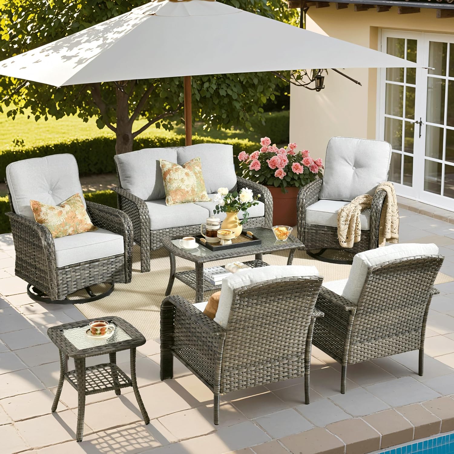 ovios 4 Pieces Patio Furniture Set, Outdoor Wicker Sofa with Coffee Table, Chairs, All Weather High Back Rattan Loveseat Couch with Comfy Cushions, Beige